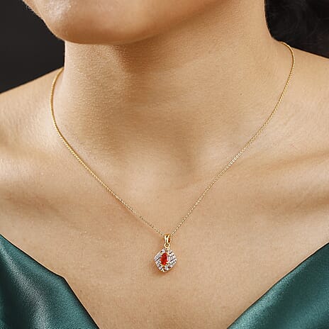 Natural Crimson Fire Opal, White Zircon & Brown Zircon Wave Flow Pendant with Chain (Size - 20) in 18K Vermeil Yellow Gold Plated Sterling Silver 0.62 Ct.