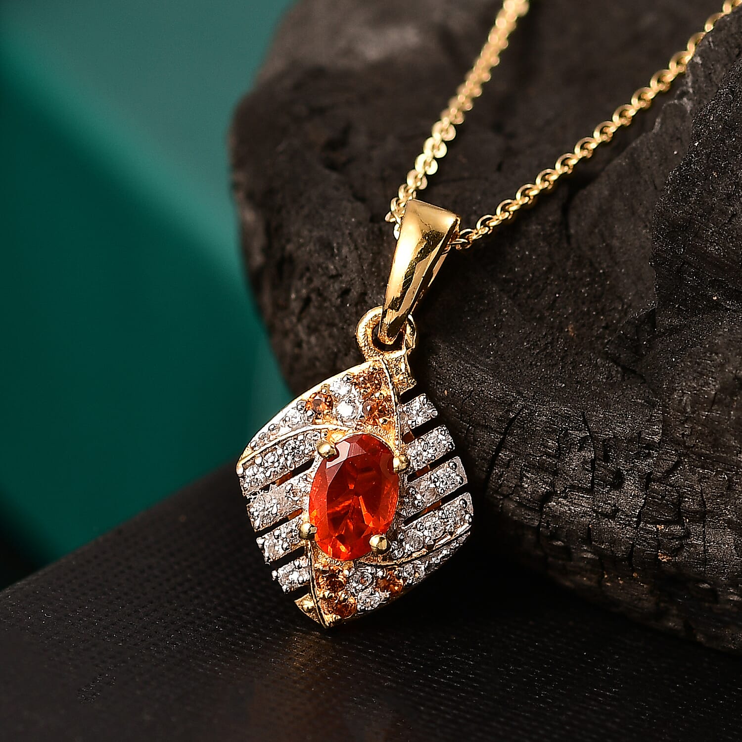 Natural Crimson Fire Opal, White Zircon & Brown Zircon Wave Flow Pendant with Chain (Size - 20) in 18K Vermeil Yellow Gold Plated Sterling Silver 0.62 Ct.