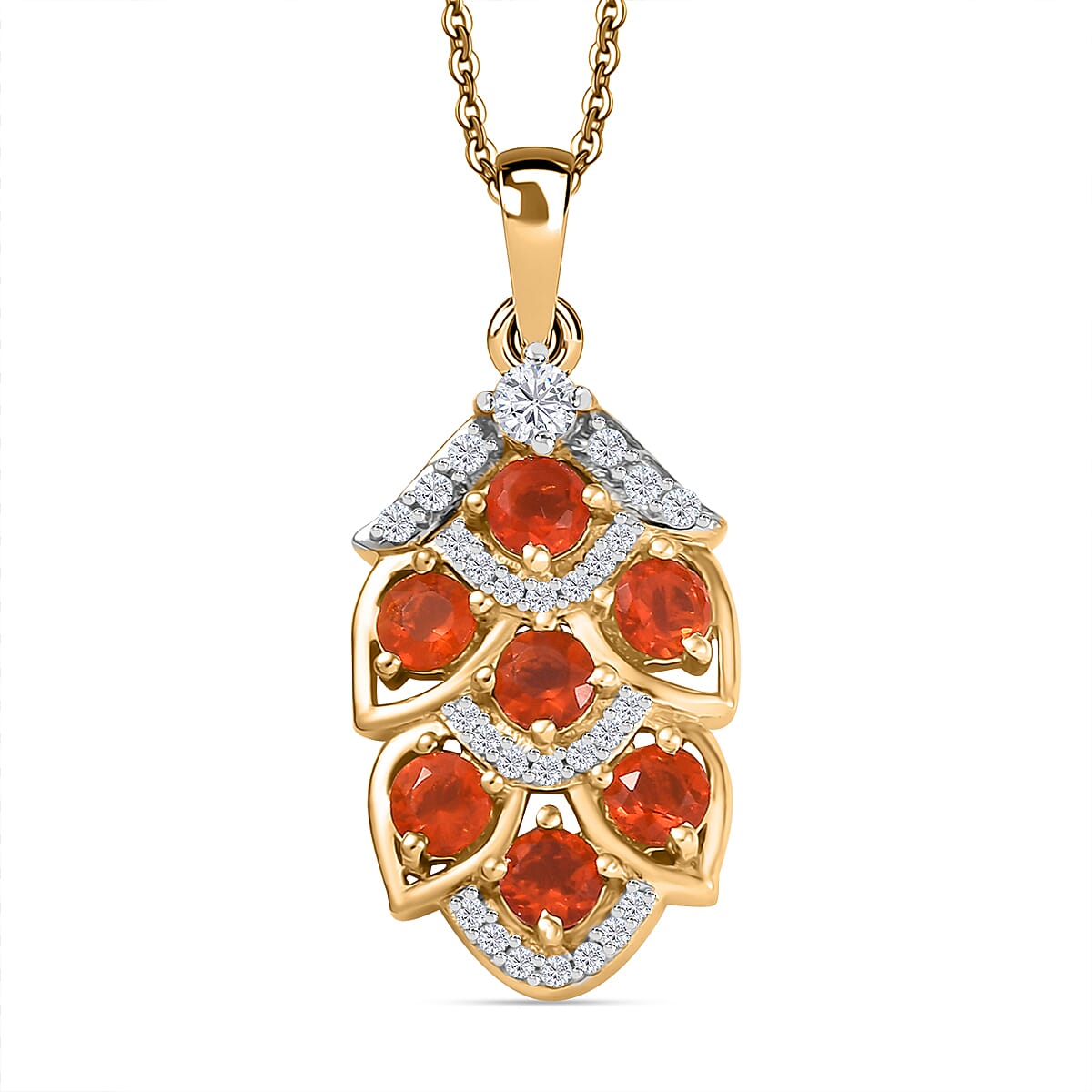 Natural Crimson Fire Opal & White Zircon Leafy Elegance Pendant with Chain (Size - 20) in 18K Vermeil Yellow Gold Plated Sterling Silver 1.02 Ct.