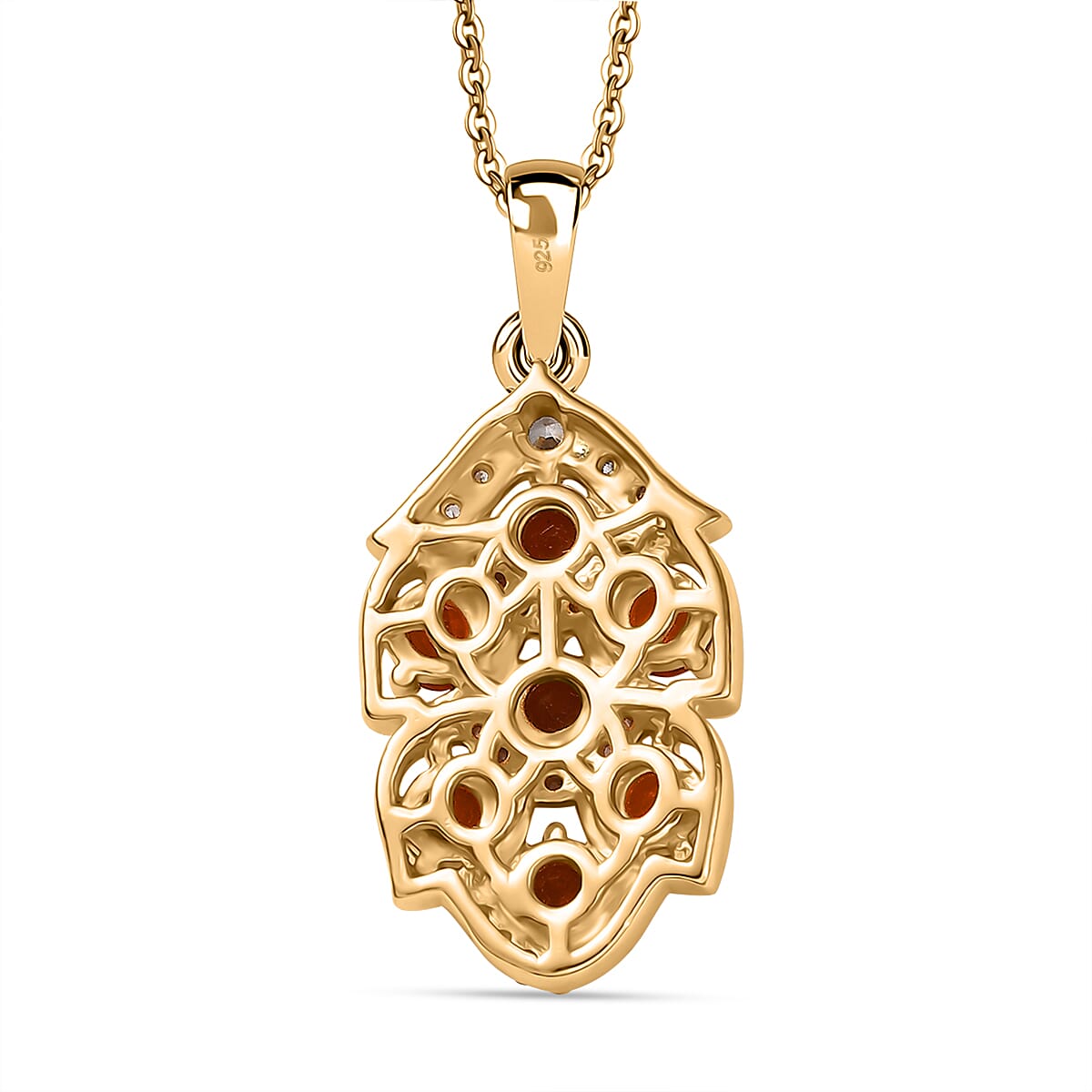 Natural Crimson Fire Opal & White Zircon Leafy Elegance Pendant with Chain (Size - 20) in 18K Vermeil Yellow Gold Plated Sterling Silver 1.02 Ct.