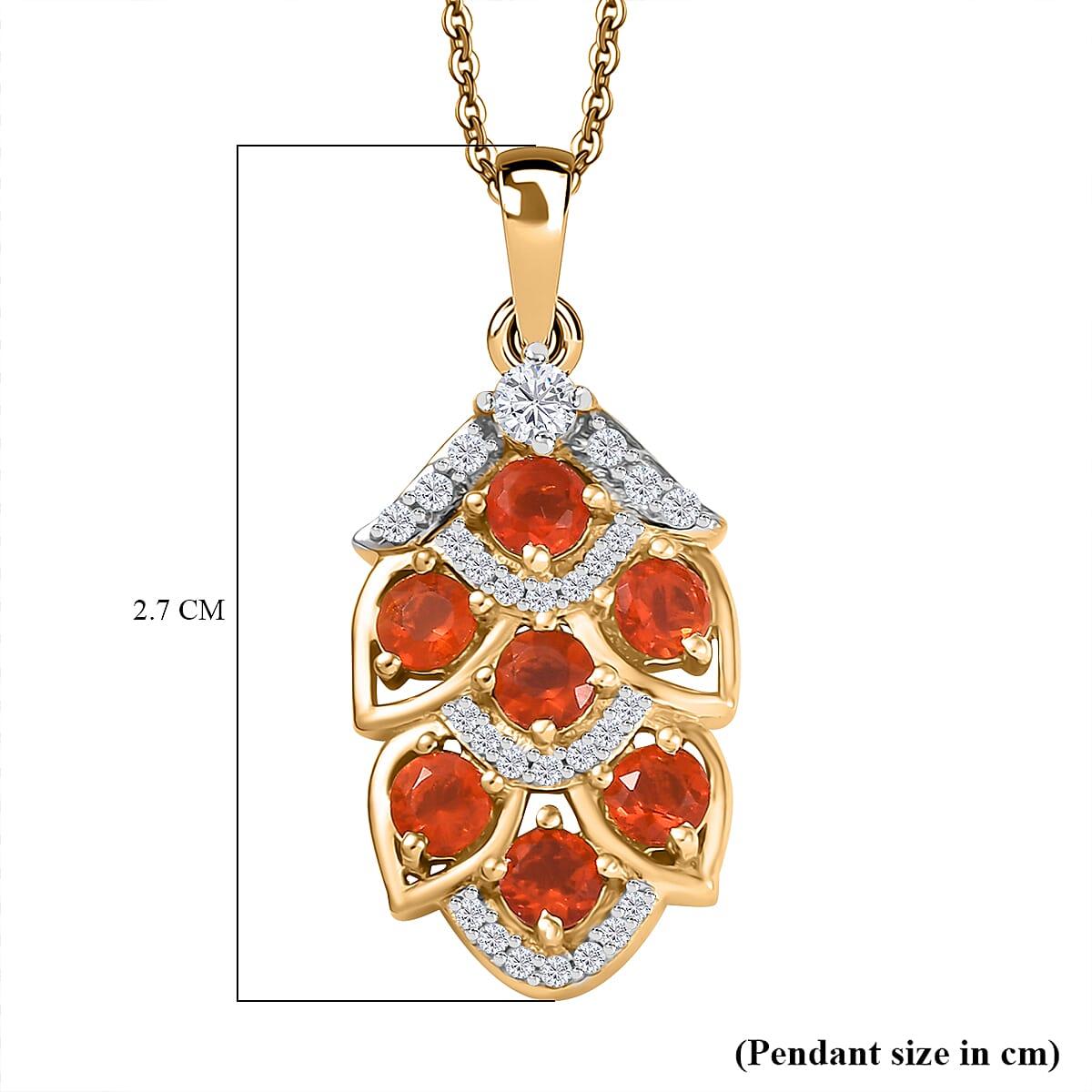Natural Crimson Fire Opal & White Zircon Leafy Elegance Pendant with Chain (Size - 20) in 18K Vermeil Yellow Gold Plated Sterling Silver 1.02 Ct.