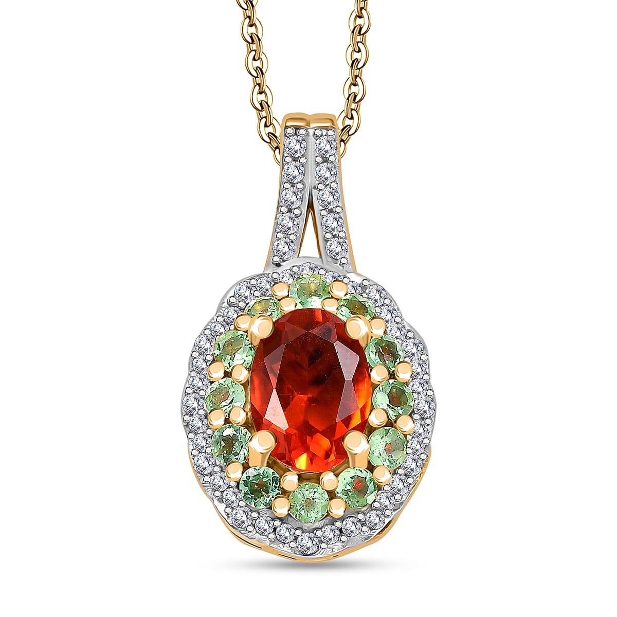 Natural Crimson Fire Opal, Tsavorite Garnet & White Zircon Acroclinium Bloom Pendant with Chain (Size 20) in 18K Vermeil Yellow Gold Plated Sterling Silver 1.13 Ct.
