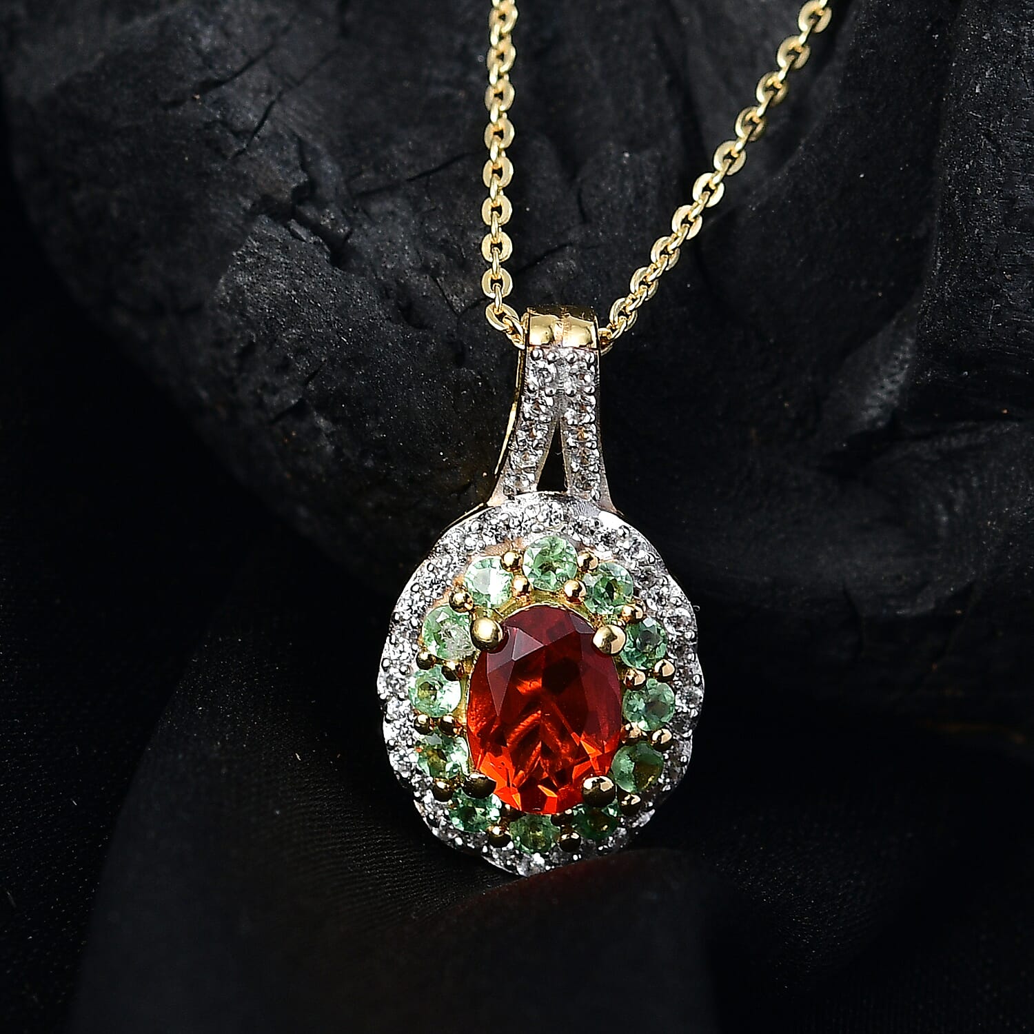 Natural Crimson Fire Opal, Tsavorite Garnet & White Zircon Acroclinium Bloom Pendant with Chain (Size 20) in 18K Vermeil Yellow Gold Plated Sterling Silver 1.13 Ct.