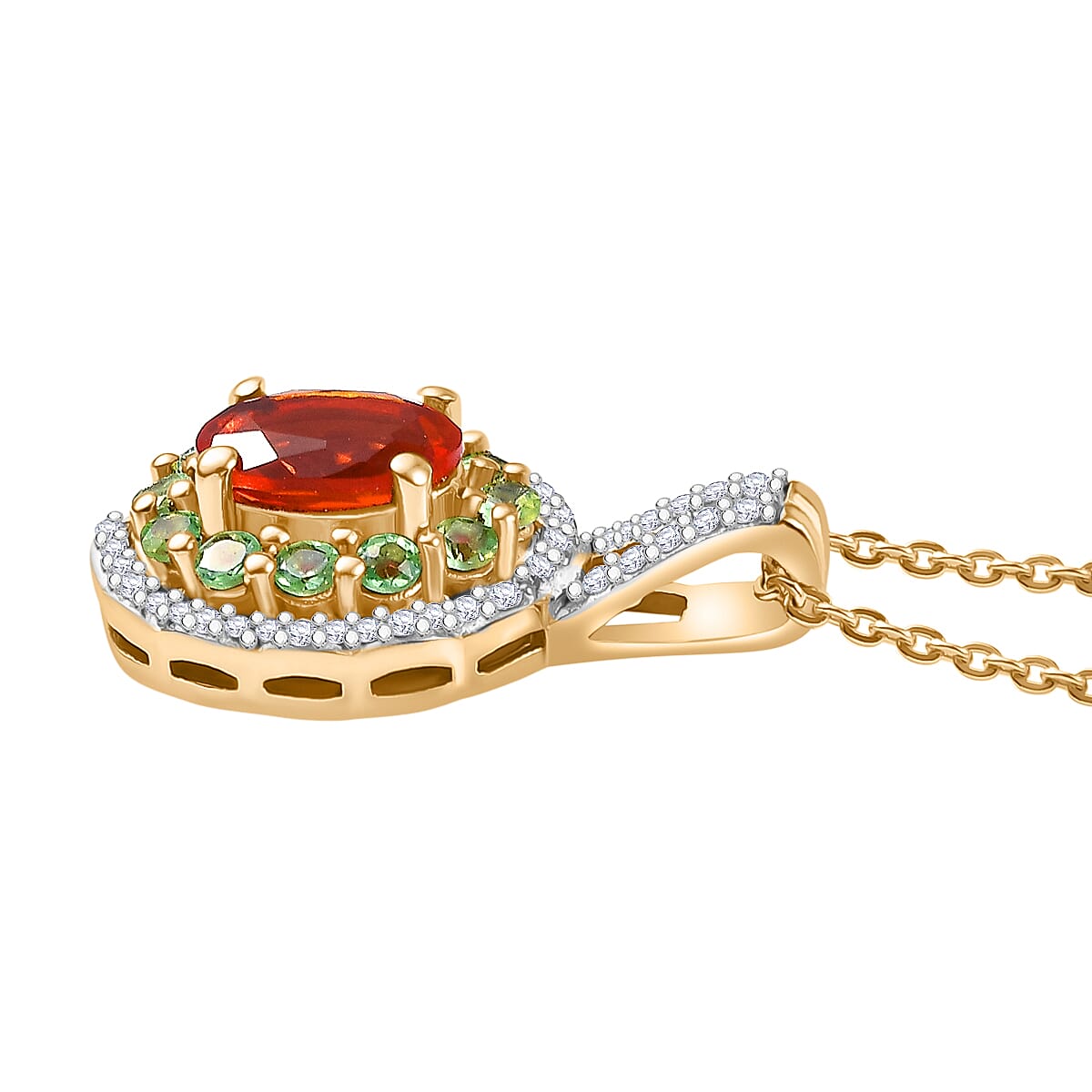 Natural Crimson Fire Opal, Tsavorite Garnet & White Zircon Acroclinium Bloom Pendant with Chain (Size 20) in 18K Vermeil Yellow Gold Plated Sterling Silver 1.13 Ct.
