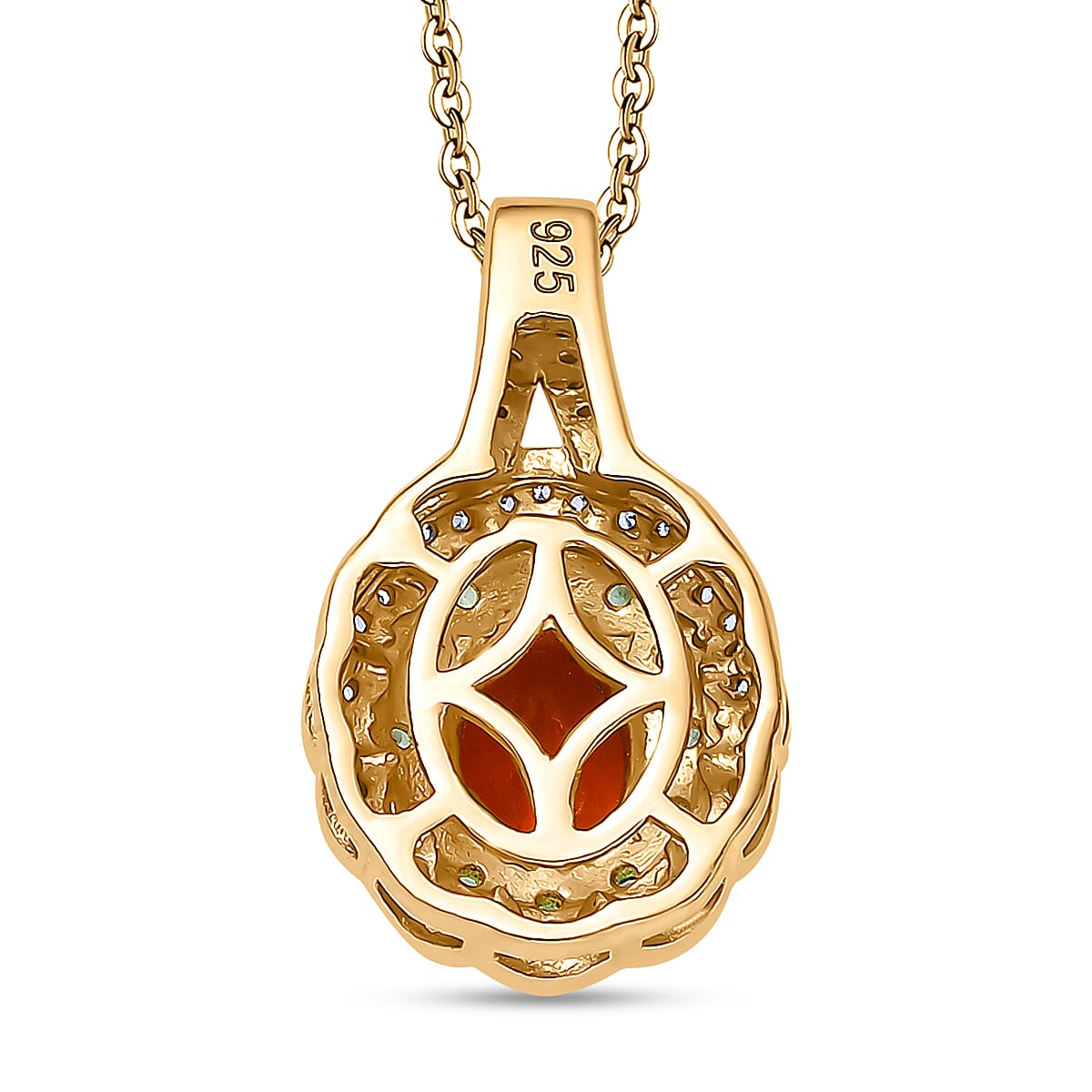 Natural Crimson Fire Opal, Tsavorite Garnet & White Zircon Acroclinium Bloom Pendant with Chain (Size 20) in 18K Vermeil Yellow Gold Plated Sterling Silver 1.13 Ct.