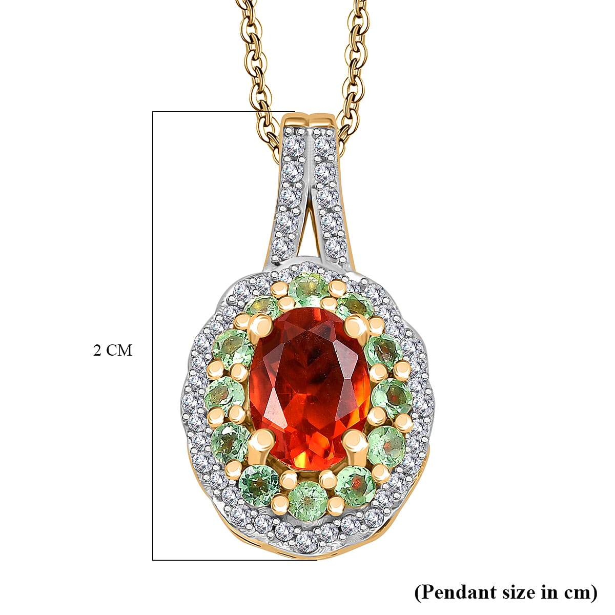 Natural Crimson Fire Opal, Tsavorite Garnet & White Zircon Acroclinium Bloom Pendant with Chain (Size 20) in 18K Vermeil Yellow Gold Plated Sterling Silver 1.13 Ct.