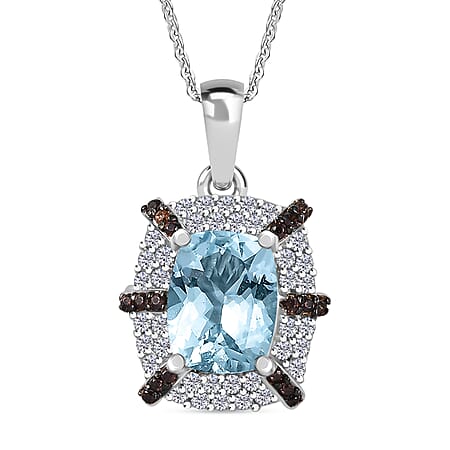 Aquamarine, White Zircon & Coffee Zircon Pendant with Chain (Size 20) in Rhodium Overlay Sterling Silver 2.42 Ct.
