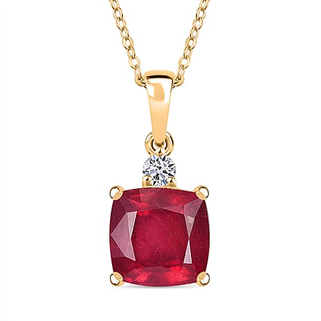 African Ruby & Lab Grown Diamond (SI-G-H) Pendant with Chain (Size 20) in 18K Vermeil Yellow Gold Plated Sterling Silver 7.10 Ct.
