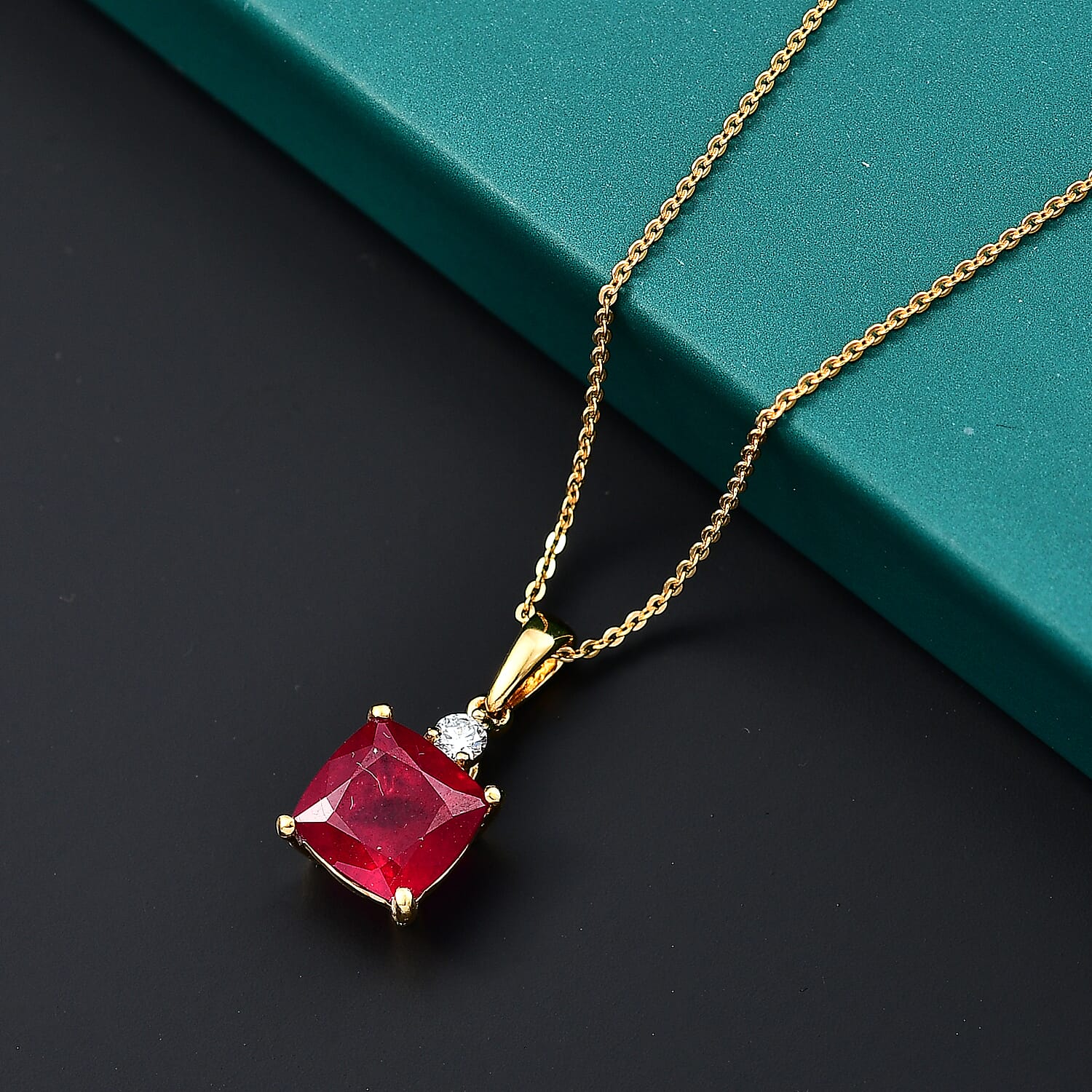 African Ruby & Lab Grown Diamond (SI-G-H) Pendant with Chain (Size 20) in 18K Vermeil Yellow Gold Plated Sterling Silver 7.10 Ct.