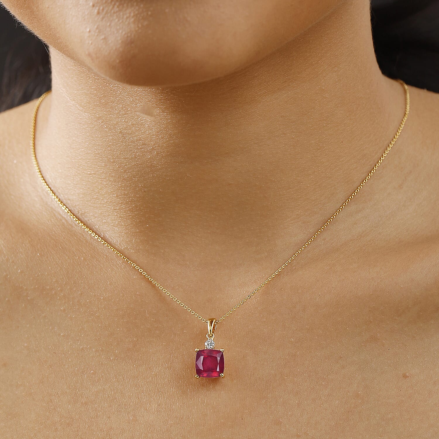 African Ruby & Lab Grown Diamond (SI-G-H) Pendant with Chain (Size 20) in 18K Vermeil Yellow Gold Plated Sterling Silver 7.10 Ct.