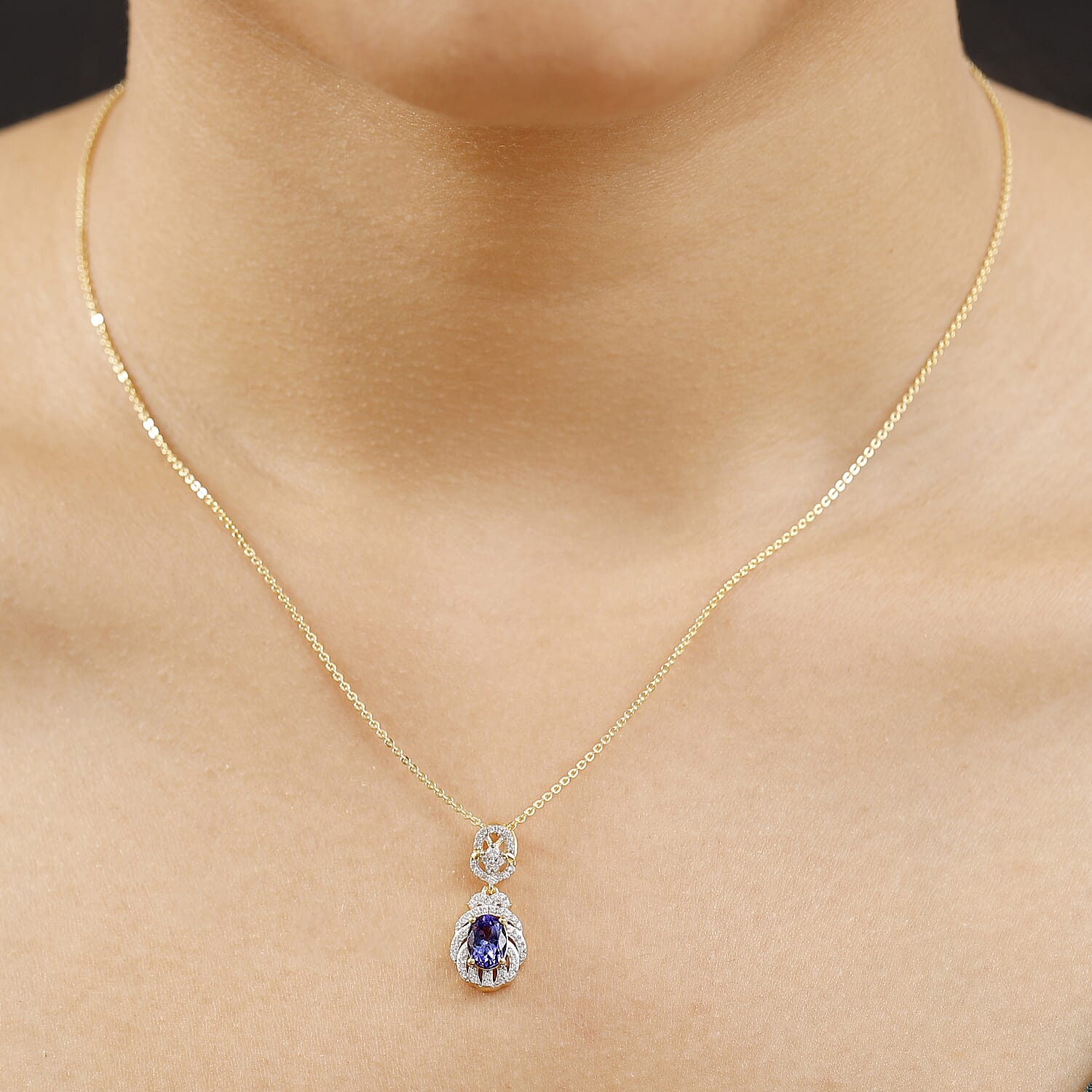 Tanzanite & White Zircon Pendant with Chain (Size 20) in 18K Vermeil Yellow Gold Plated Sterling Silver 1.28 Ct.