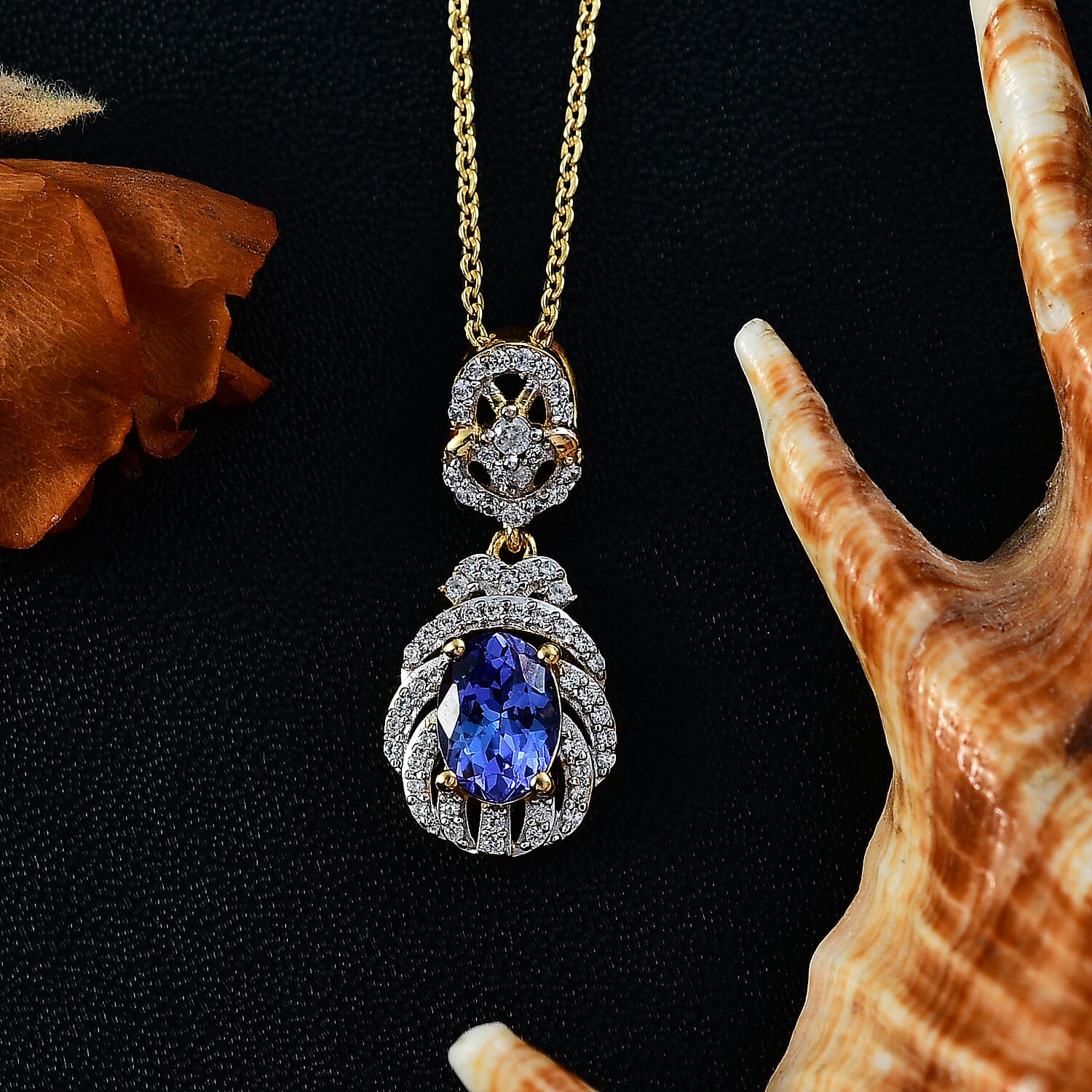 Tanzanite & White Zircon Pendant with Chain (Size 20) in 18K Vermeil Yellow Gold Plated Sterling Silver 1.28 Ct.