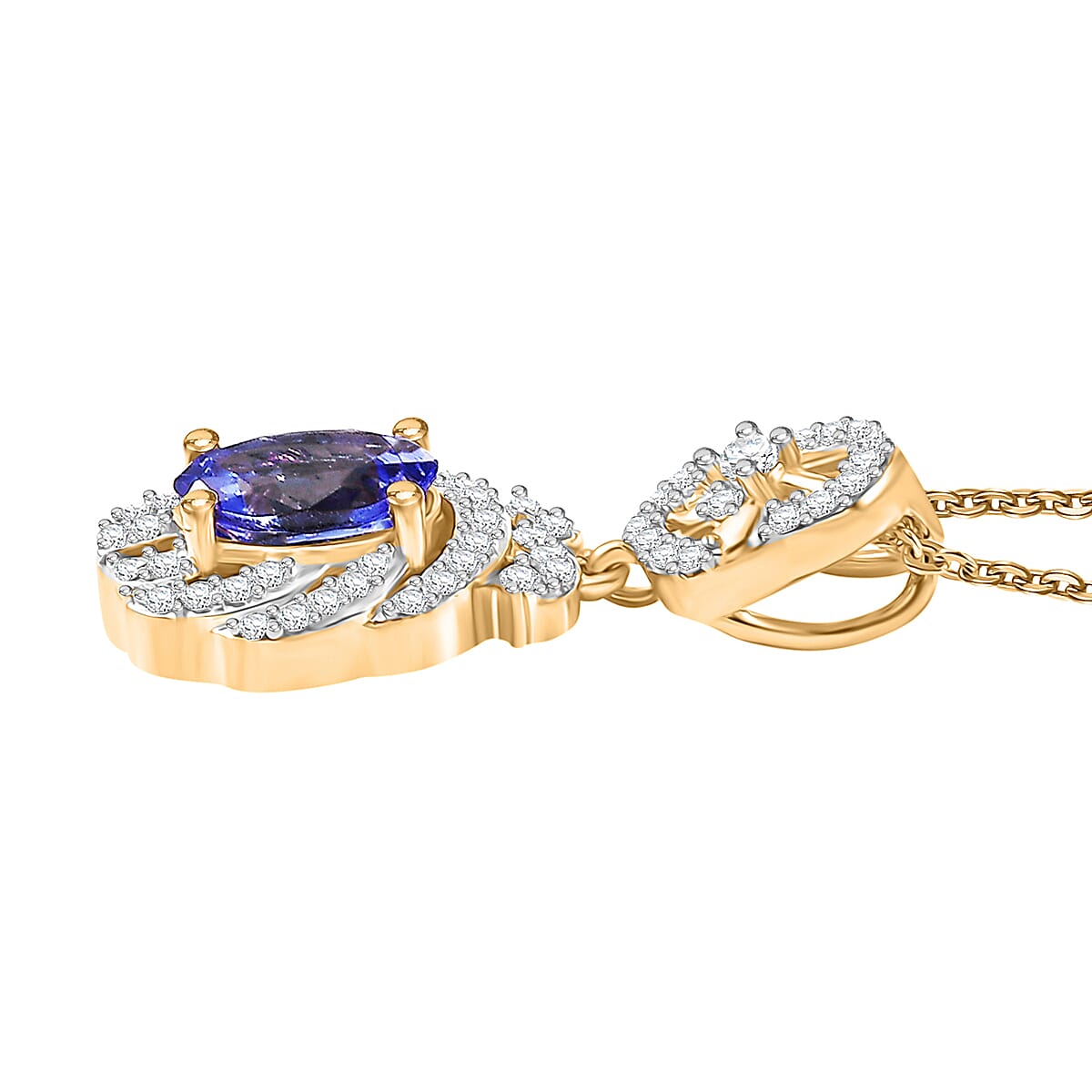 Tanzanite & White Zircon Pendant with Chain (Size 20) in 18K Vermeil Yellow Gold Plated Sterling Silver 1.28 Ct.