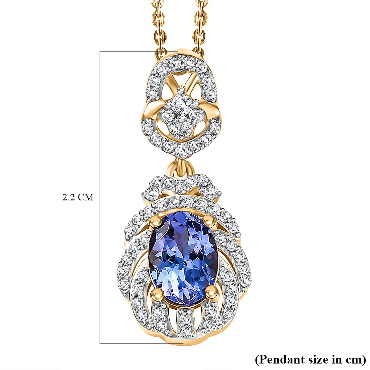 Tanzanite & White Zircon Pendant with Chain (Size 20) in 18K Vermeil Yellow Gold Plated Sterling Silver 1.28 Ct.