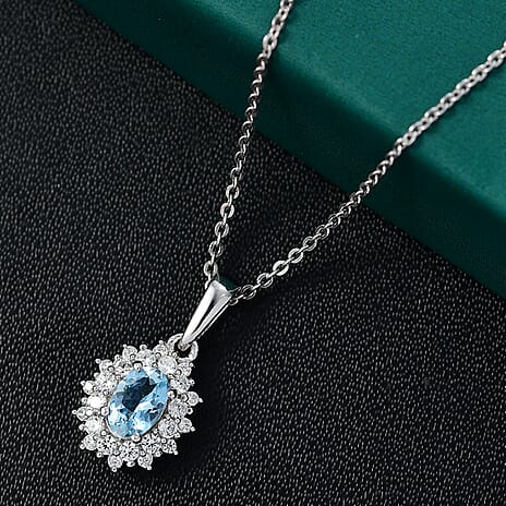Santamaria Aquamarine & White Zircon Pendant with Chain (Size 20) in Rhodium Overlay Sterling Silver.