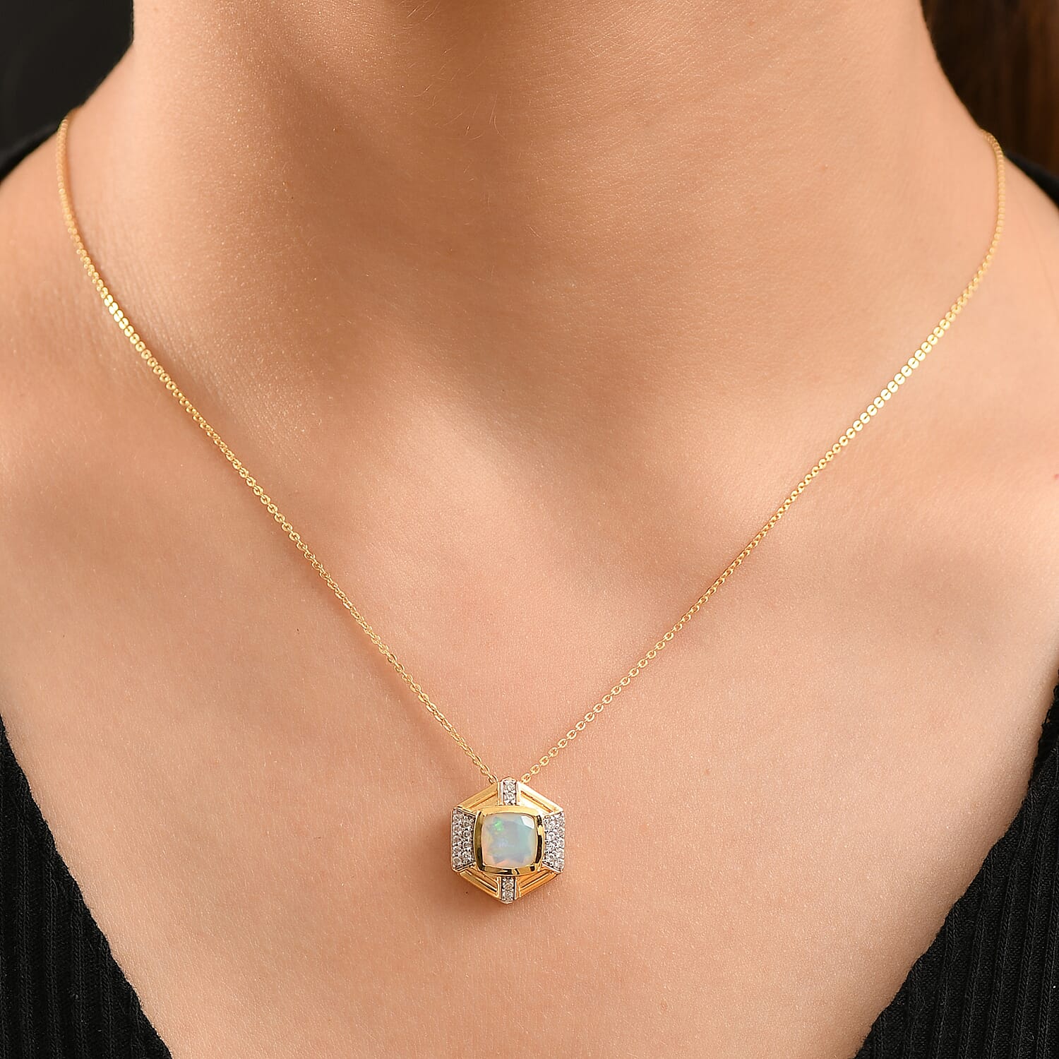 Ethiopian Faceted Opal & White Zircon Pendant with Chain (Size 20) in 18K Vermeil Yellow Gold Plated Sterling Silver 1.13 Ct.