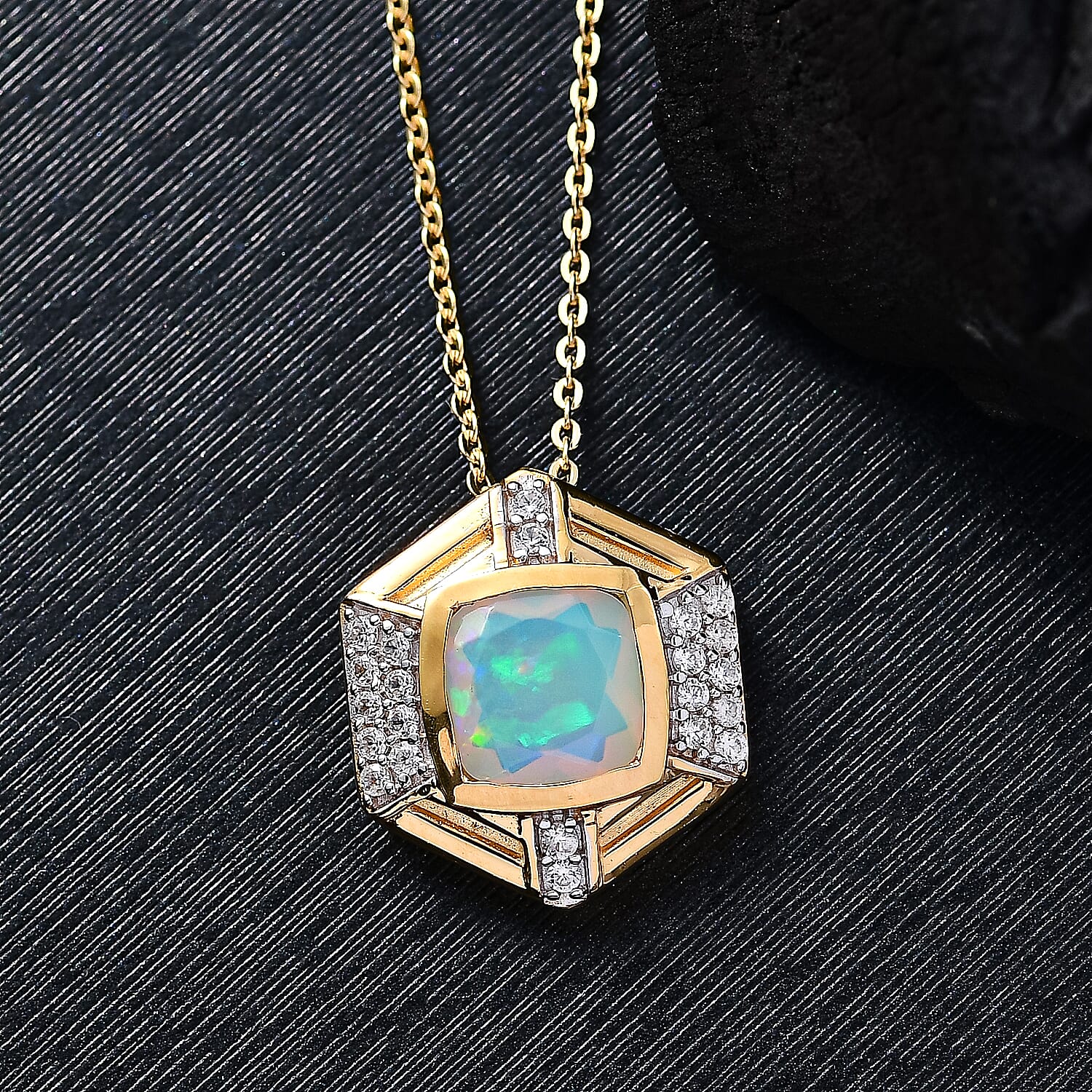 Ethiopian Faceted Opal & White Zircon Pendant with Chain (Size 20) in 18K Vermeil Yellow Gold Plated Sterling Silver 1.13 Ct.