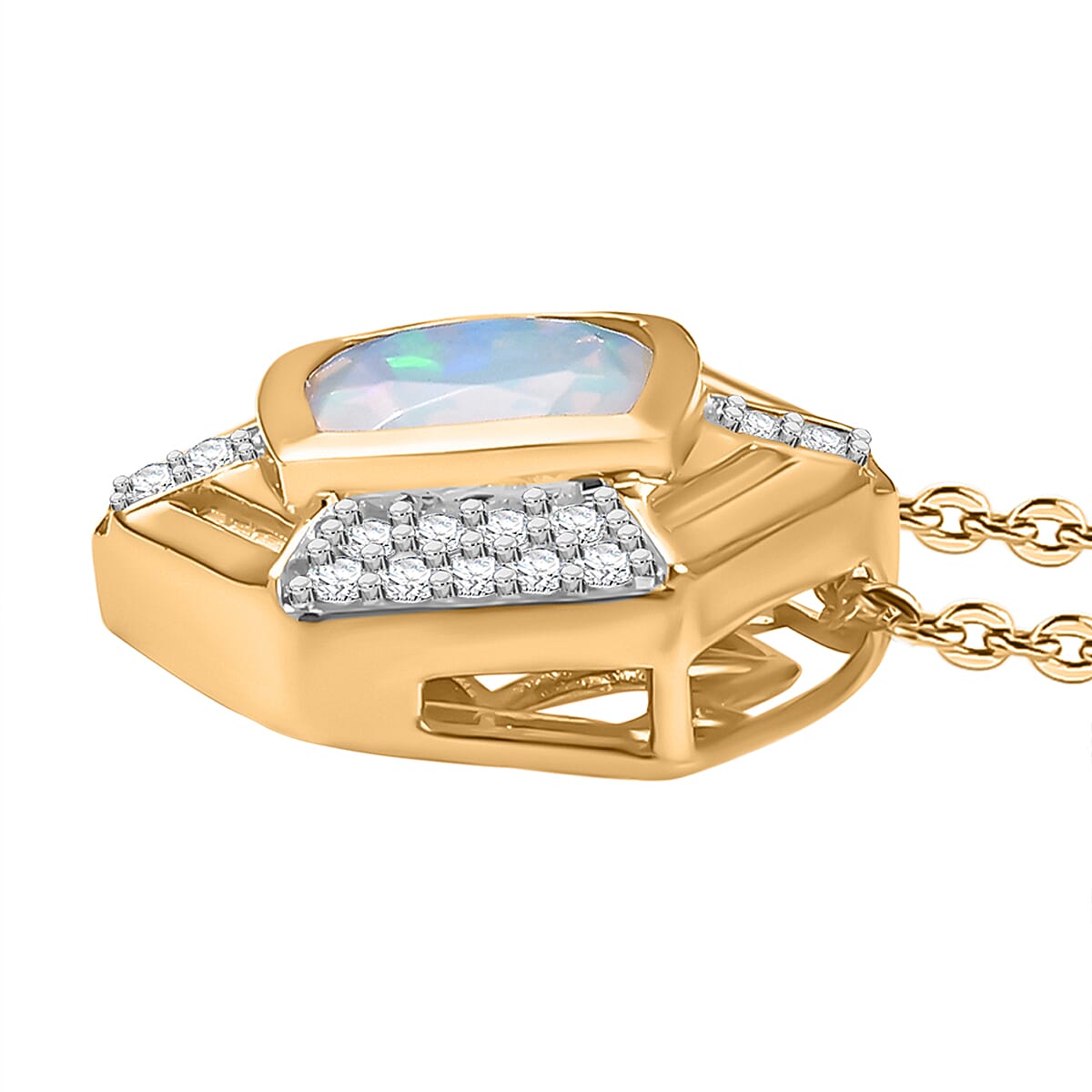 Ethiopian Faceted Opal & White Zircon Pendant with Chain (Size 20) in 18K Vermeil Yellow Gold Plated Sterling Silver 1.13 Ct.