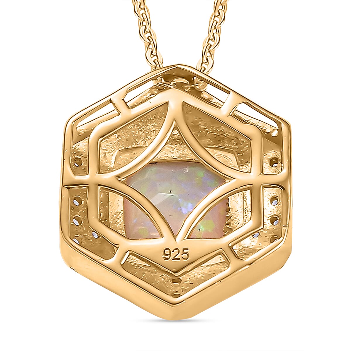 Ethiopian Faceted Opal & White Zircon Pendant with Chain (Size 20) in 18K Vermeil Yellow Gold Plated Sterling Silver 1.13 Ct.
