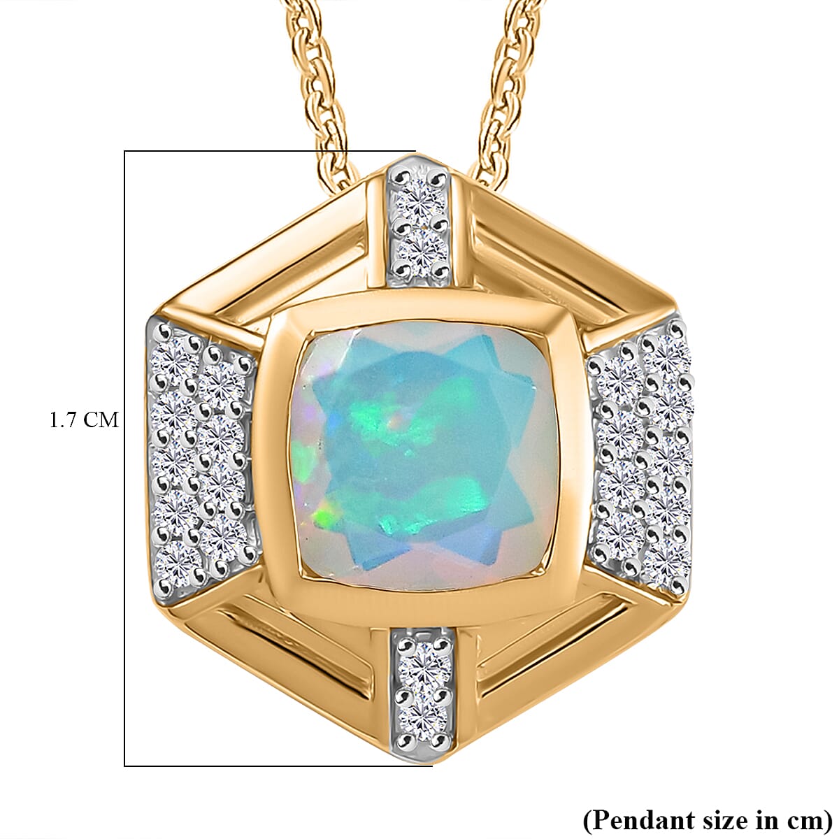 Ethiopian Faceted Opal & White Zircon Pendant with Chain (Size 20) in 18K Vermeil Yellow Gold Plated Sterling Silver 1.13 Ct.