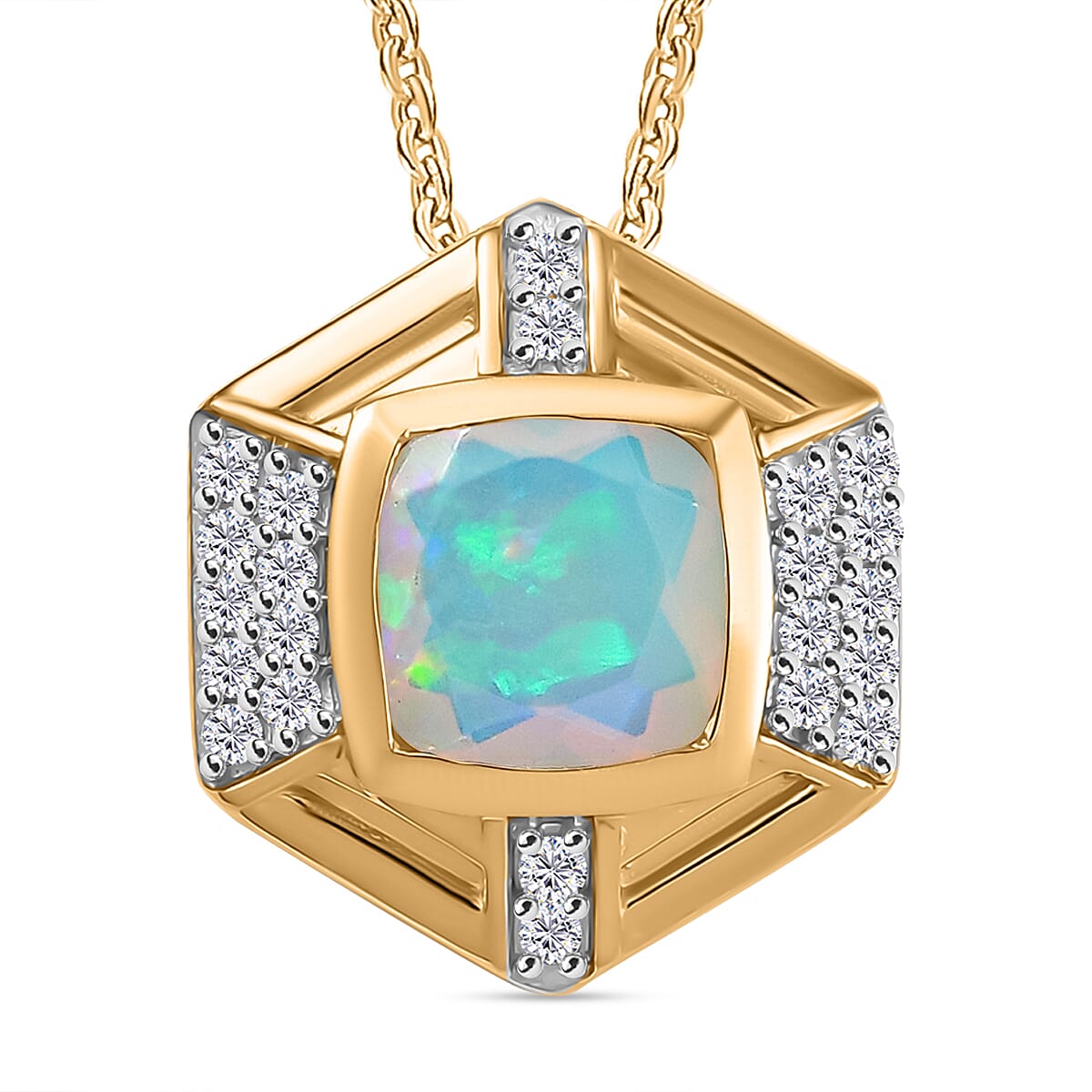 Ethiopian Faceted Opal & White Zircon Pendant with Chain (Size 20) in 18K Vermeil Yellow Gold Plated Sterling Silver 1.13 Ct.