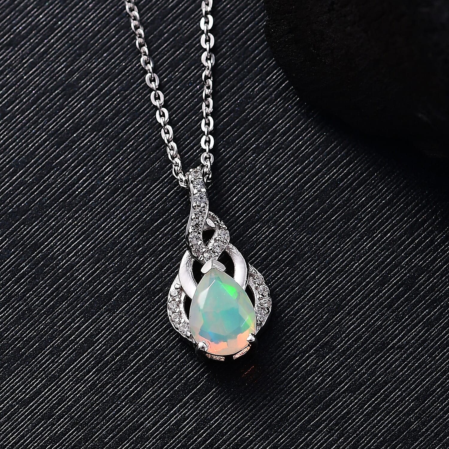 Ethiopian Faceted Opal & White Zircon Pendant with Chain (Size 20) in Rhodium Overlay Sterling Silver