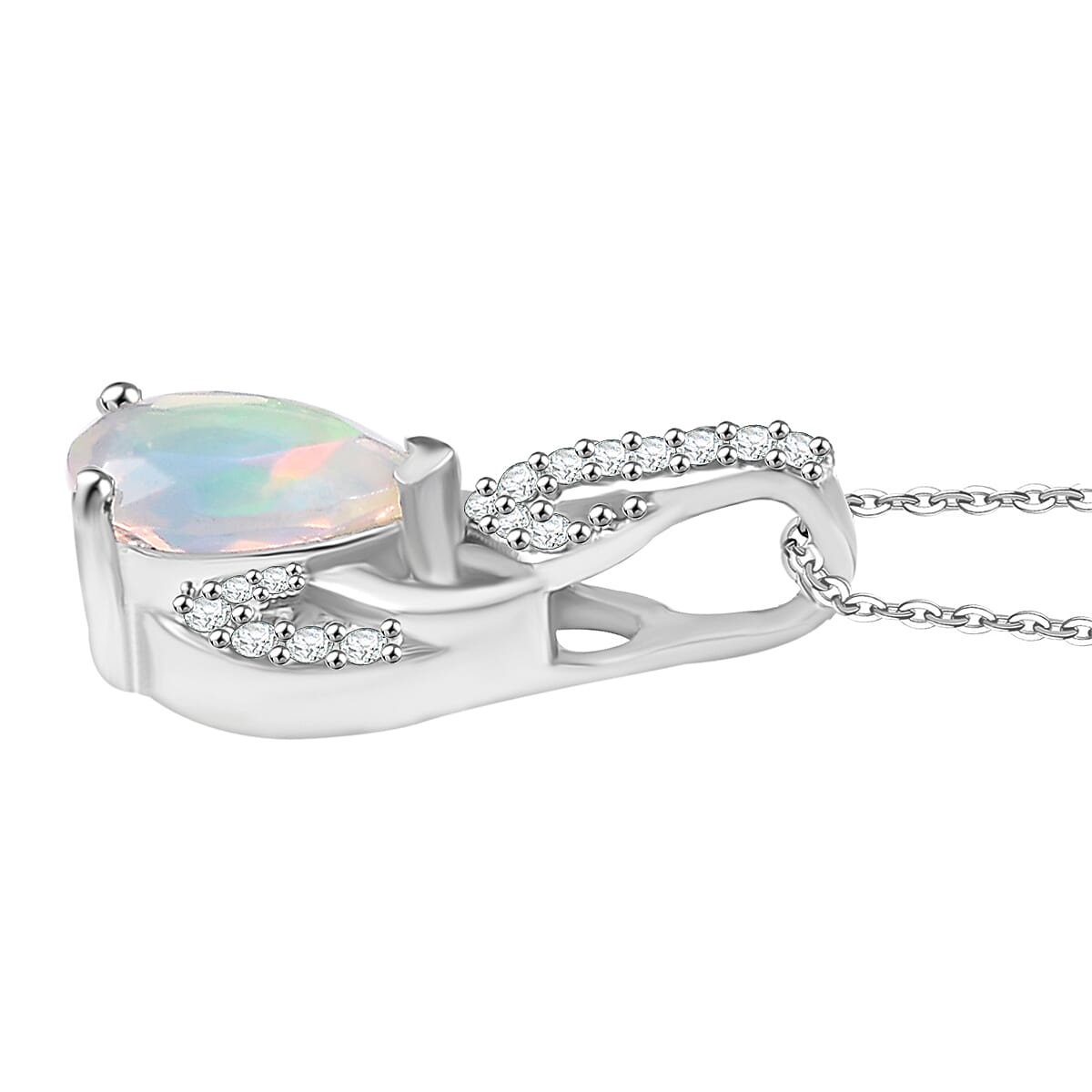 Ethiopian Faceted Opal & White Zircon Pendant with Chain (Size 20) in Rhodium Overlay Sterling Silver