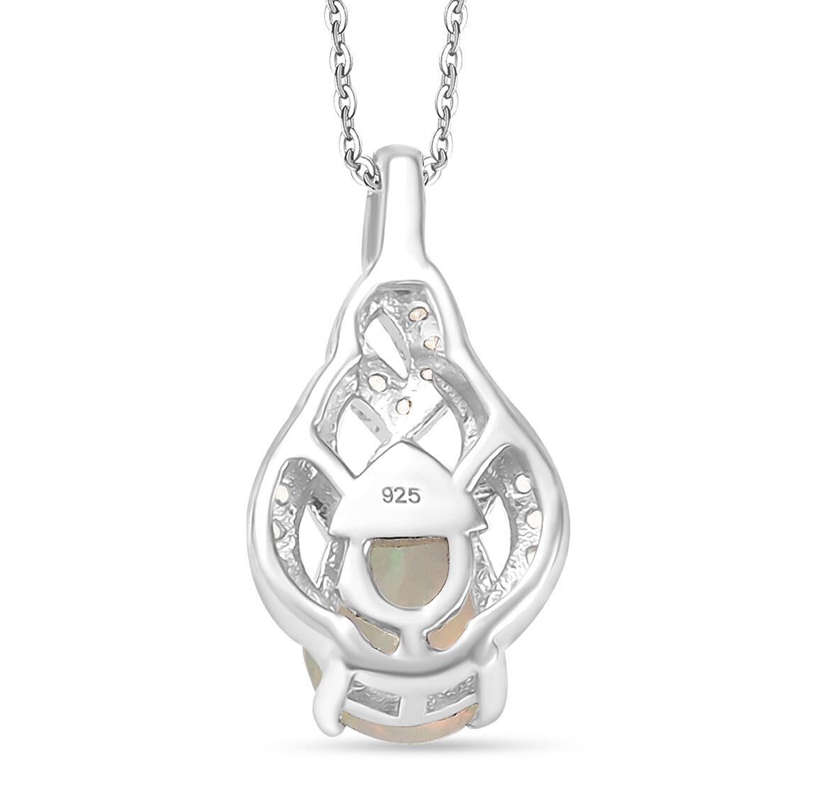 Ethiopian Faceted Opal & White Zircon Pendant with Chain (Size 20) in Rhodium Overlay Sterling Silver