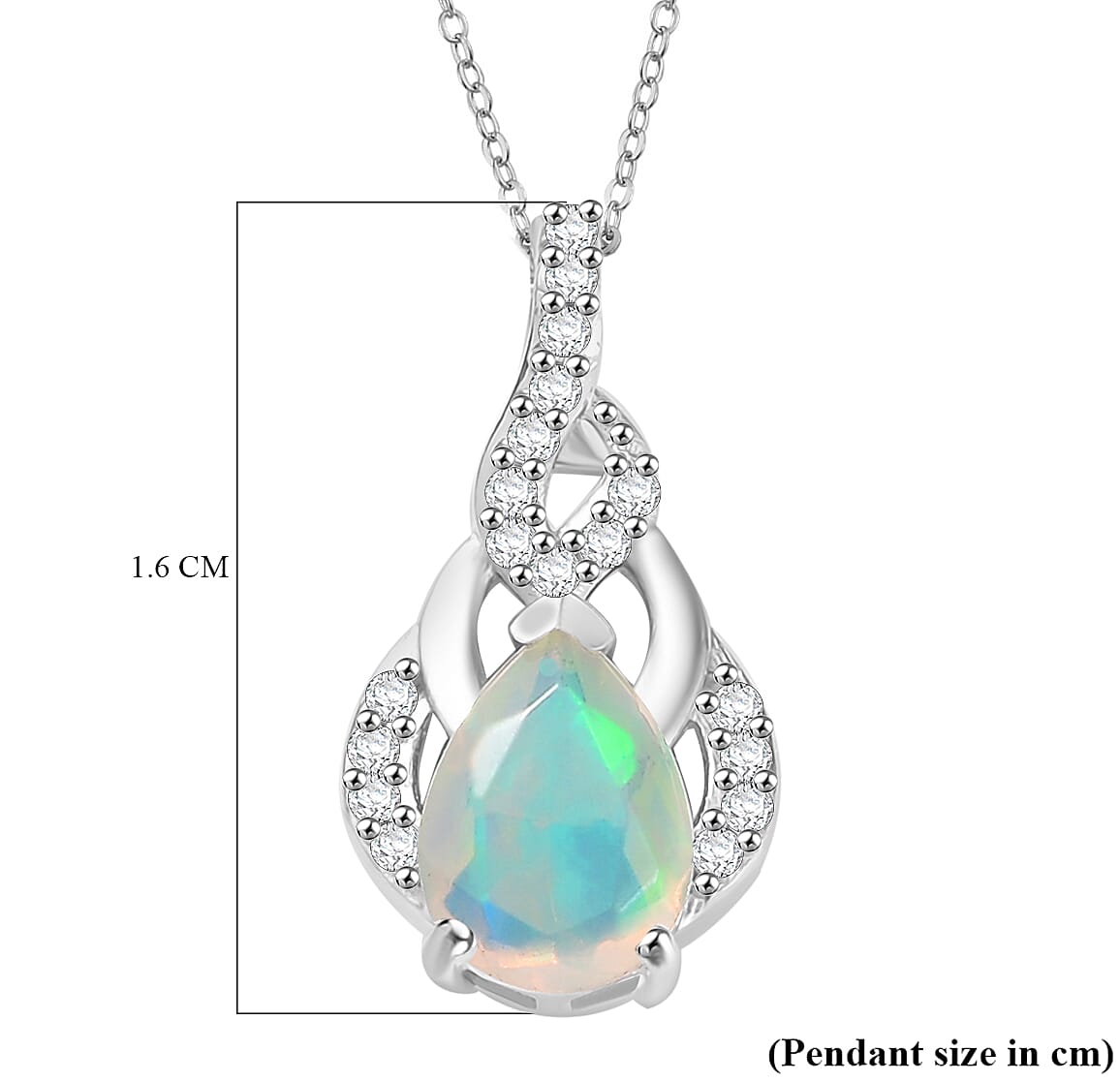 Ethiopian Faceted Opal & White Zircon Pendant with Chain (Size 20) in Rhodium Overlay Sterling Silver