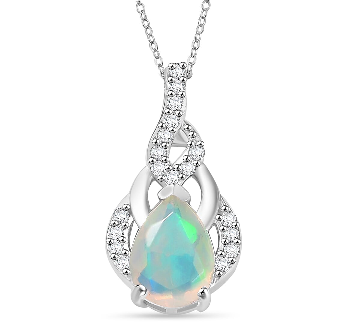 Ethiopian Faceted Opal & White Zircon Pendant with Chain (Size 20) in Rhodium Overlay Sterling Silver