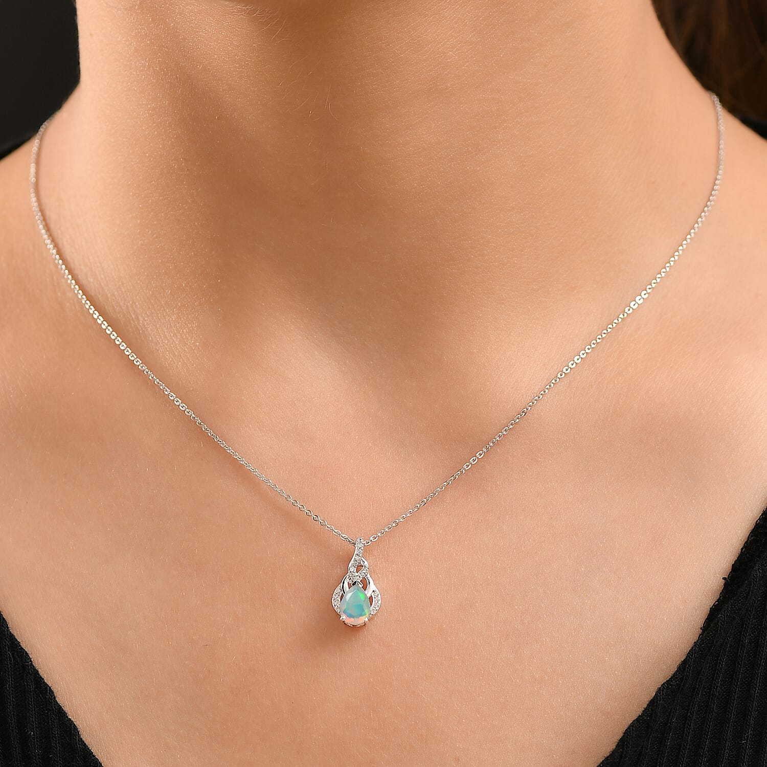 Ethiopian Faceted Opal & White Zircon Pendant with Chain (Size 20) in Rhodium Overlay Sterling Silver