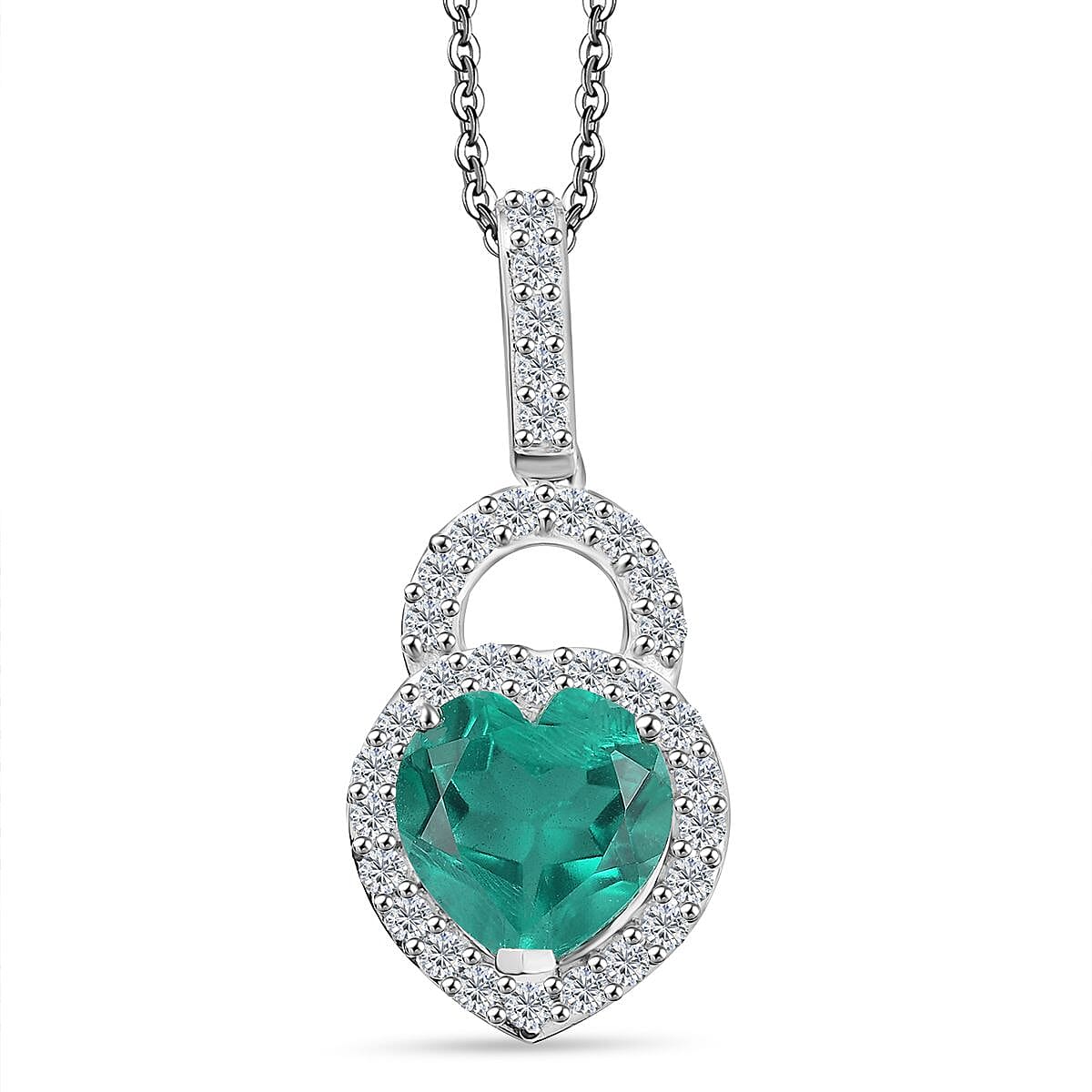 Emeraldine Triplet Quartz & White Zircon Pendant with Chain (Size 20) in Rhodium Overlay Sterling Silver 5.21 Ct.