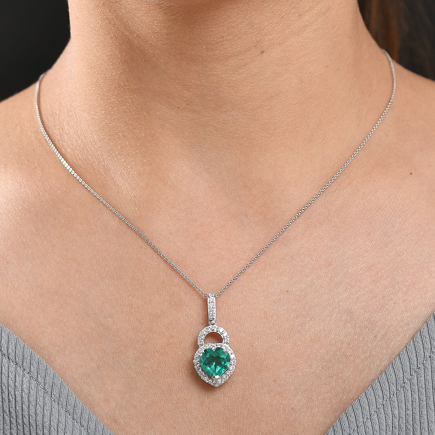 Emeraldine Triplet Quartz & White Zircon Pendant with Chain (Size 20) in Rhodium Overlay Sterling Silver 5.21 Ct.