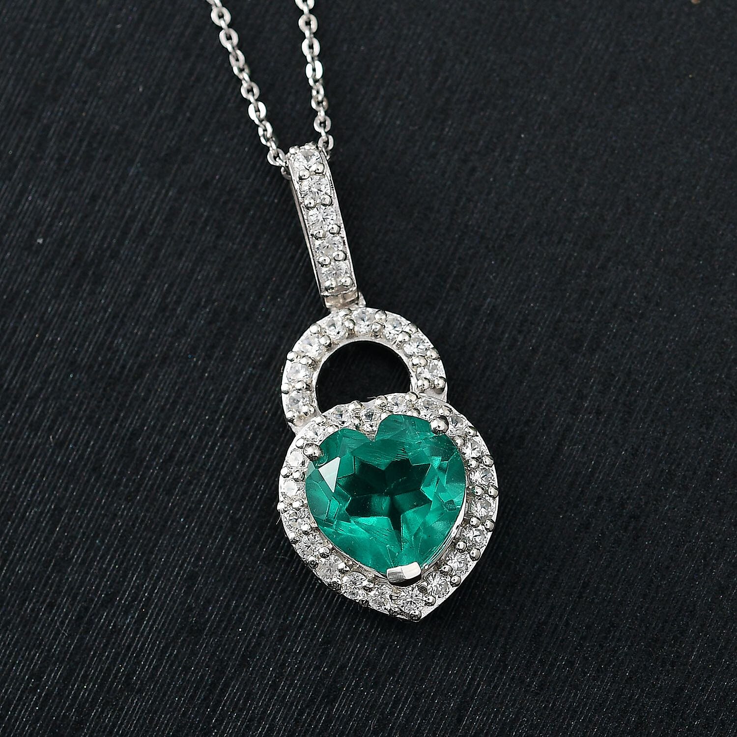 Emeraldine Triplet Quartz & White Zircon Pendant with Chain (Size 20) in Rhodium Overlay Sterling Silver 5.21 Ct.