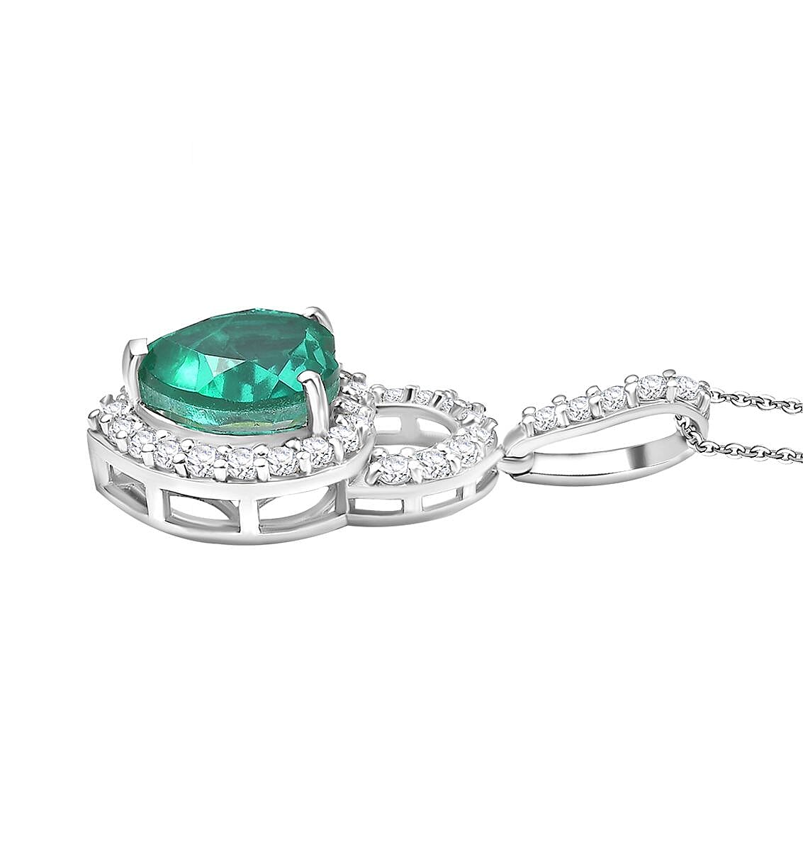 Emeraldine Triplet Quartz & White Zircon Pendant with Chain (Size 20) in Rhodium Overlay Sterling Silver 5.21 Ct.