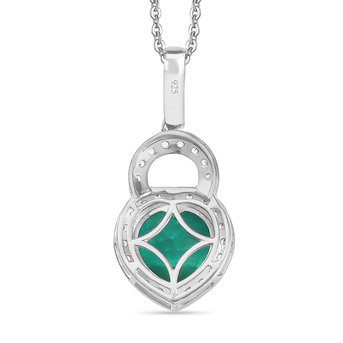 Emeraldine Triplet Quartz & White Zircon Pendant with Chain (Size 20) in Rhodium Overlay Sterling Silver 5.21 Ct.