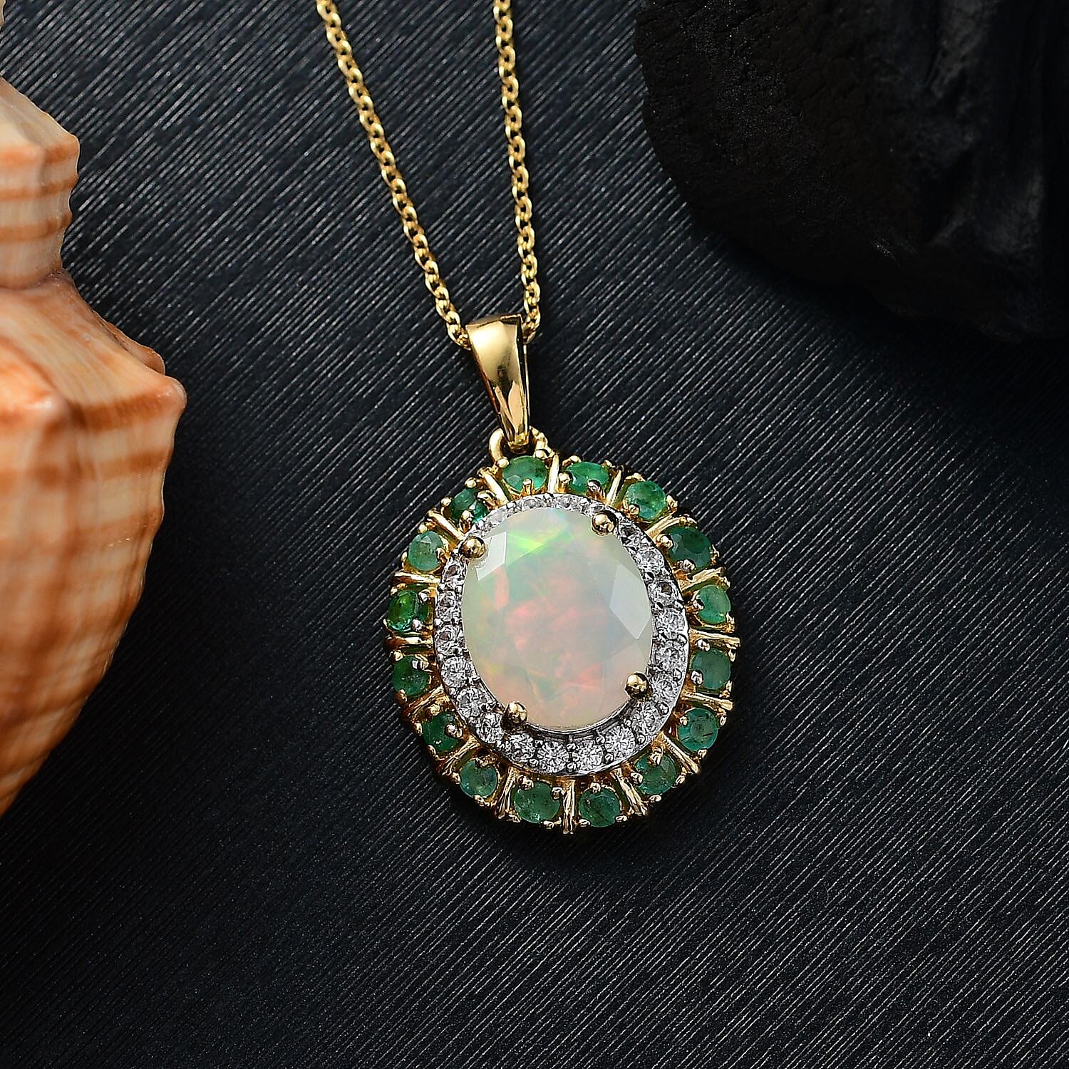 Ethiopian Faceted Opal, Zambian Emerald & White Zircon Pendant with Chain (Size 20) in 18K Vermeil Yellow Gold Plated Sterling Silver 3.17 Ct.