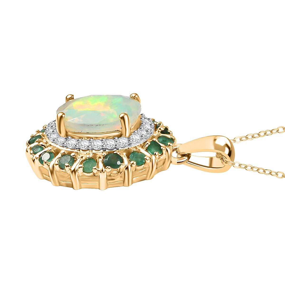 Ethiopian Faceted Opal, Zambian Emerald & White Zircon Pendant with Chain (Size 20) in 18K Vermeil Yellow Gold Plated Sterling Silver 3.17 Ct.