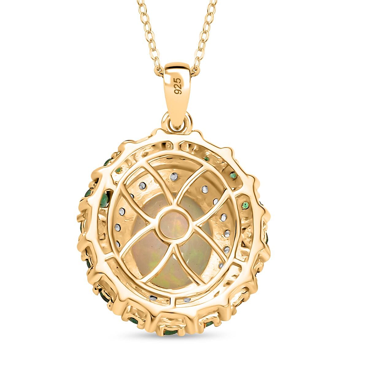 Ethiopian Faceted Opal, Zambian Emerald & White Zircon Pendant with Chain (Size 20) in 18K Vermeil Yellow Gold Plated Sterling Silver 3.17 Ct.