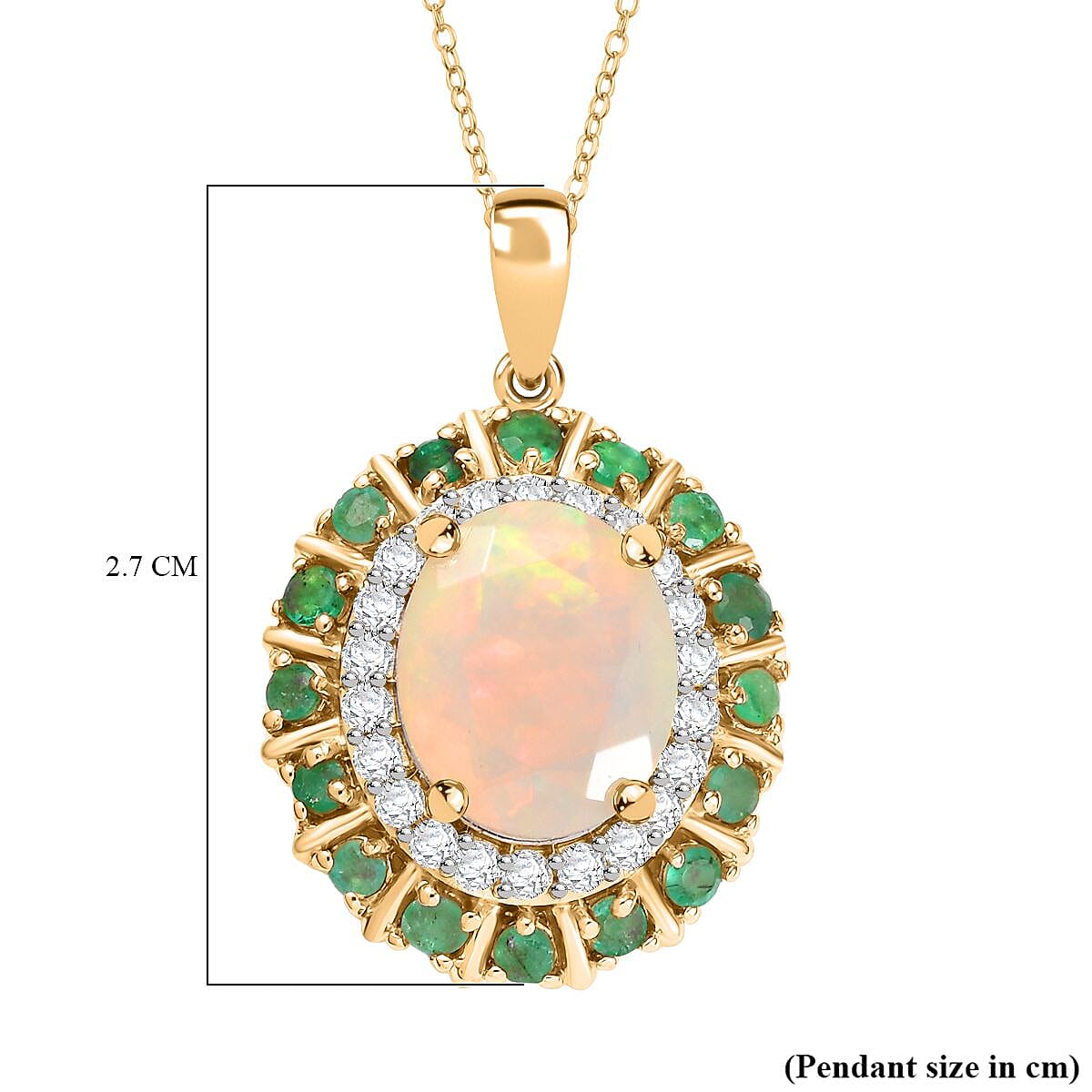 Ethiopian Faceted Opal, Zambian Emerald & White Zircon Pendant with Chain (Size 20) in 18K Vermeil Yellow Gold Plated Sterling Silver 3.17 Ct.