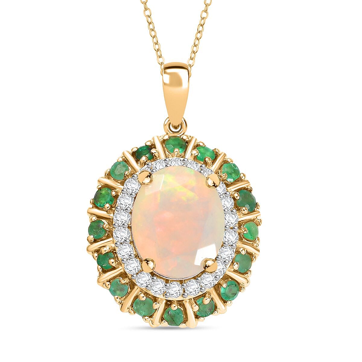Ethiopian Faceted Opal, Zambian Emerald & White Zircon Pendant with Chain (Size 20) in 18K Vermeil Yellow Gold Plated Sterling Silver 3.17 Ct.