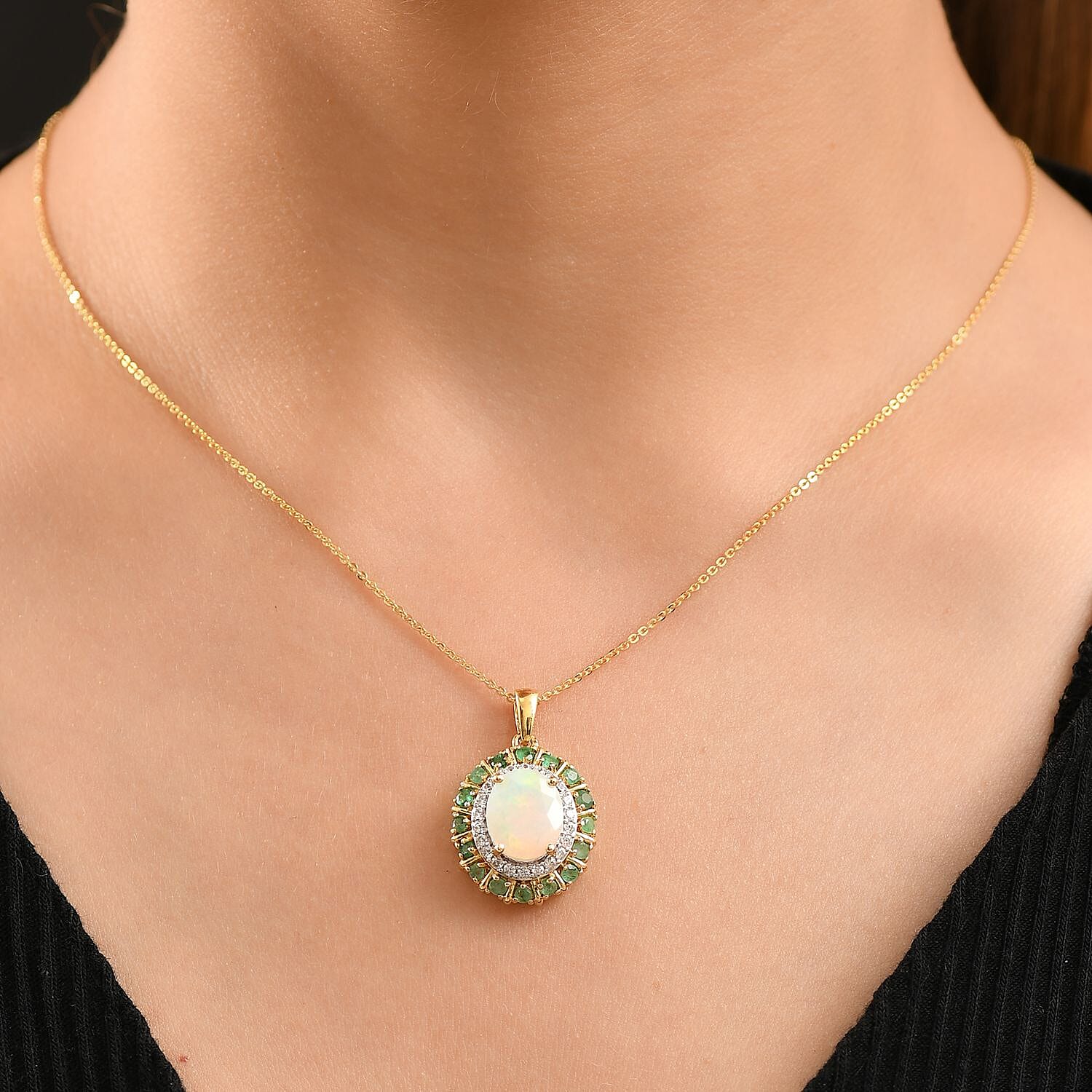 Ethiopian Faceted Opal, Zambian Emerald & White Zircon Pendant with Chain (Size 20) in 18K Vermeil Yellow Gold Plated Sterling Silver 3.17 Ct.