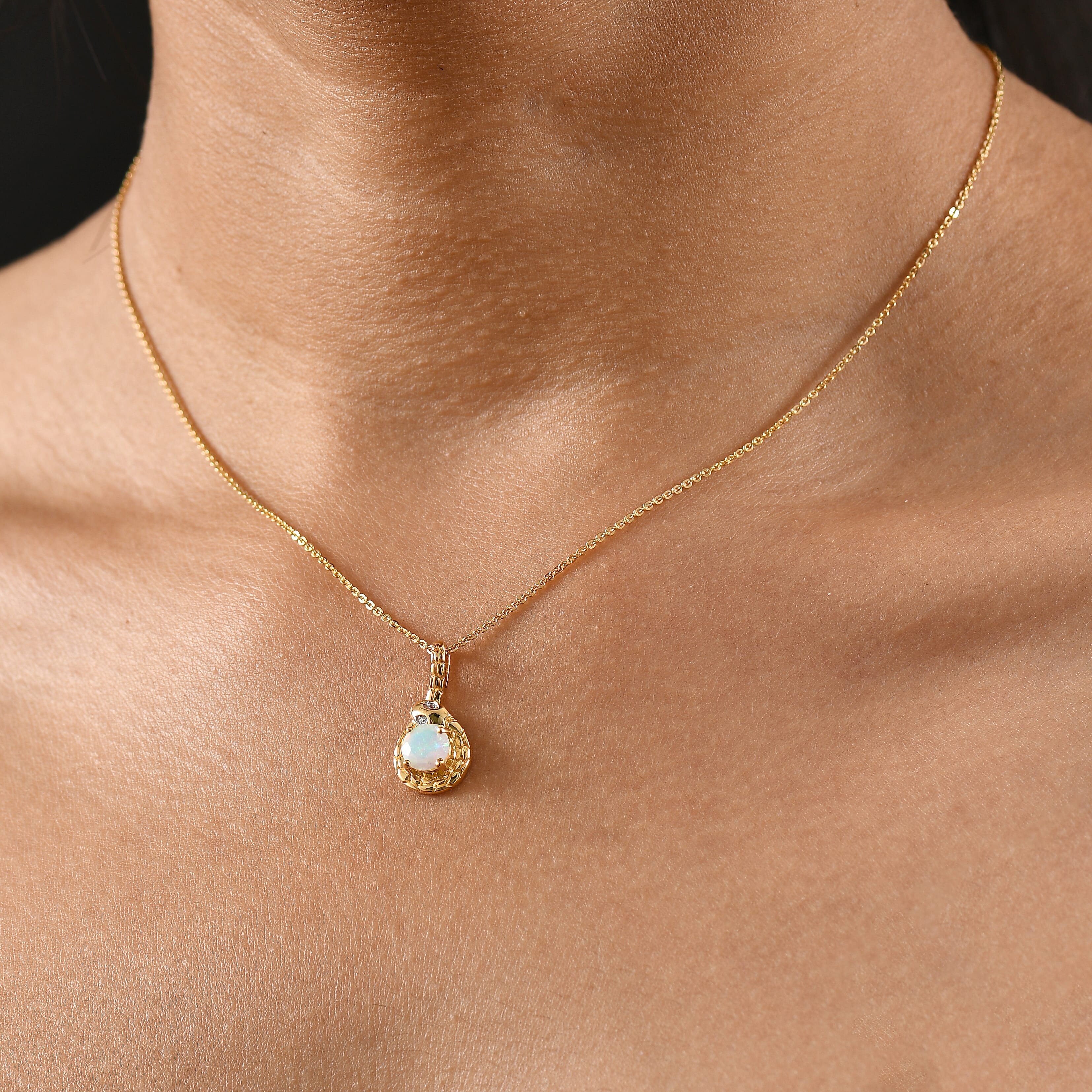 Ethiopian Faceted Opal & White Zircon Pendant with Chain (Size 20) in 18K Vermeil Yellow Gold Plated Sterling Silver