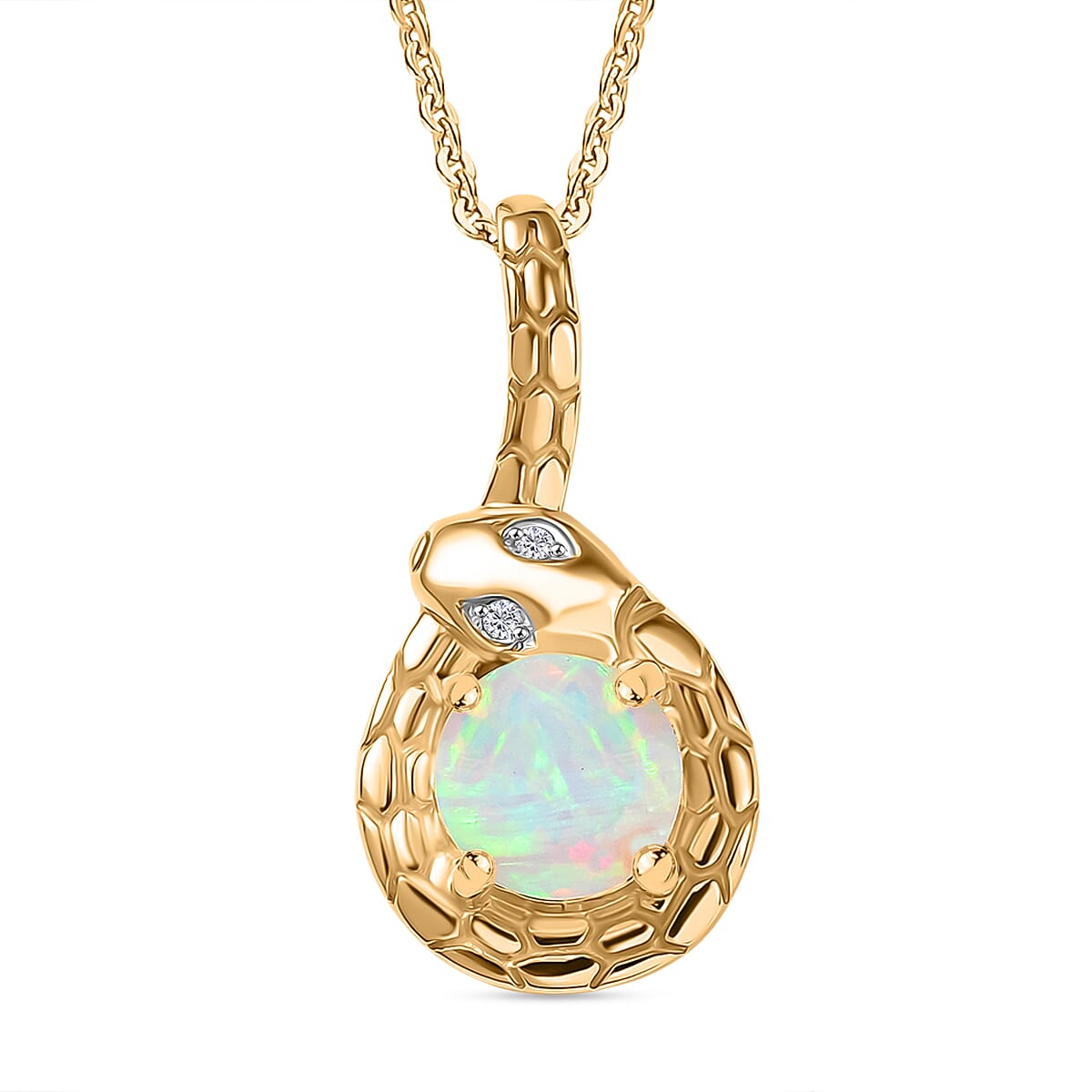 Ethiopian Faceted Opal & White Zircon Pendant with Chain (Size 20) in 18K Vermeil Yellow Gold Plated Sterling Silver