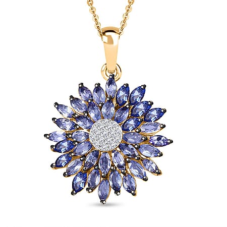 Tanzanite and Moissanite Floral Pendant with Chain (Size 20) in 18K Vermeil Yellow Gold Plated Sterling Silver 3.41 Ct.