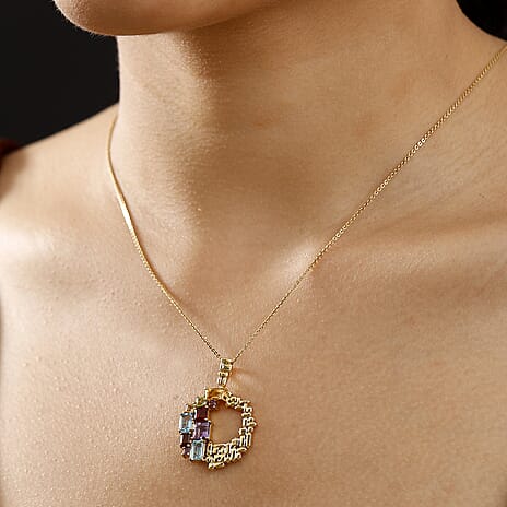 GP - Art Deco Collection - Bolivian Amethyst & Multi Gemstones Pendant with Chain (Size 20) in 18K Vermeil Yellow Gold Plated Sterling Silver 3.21 Ct, Silver Wt. 6.00 Gms.
