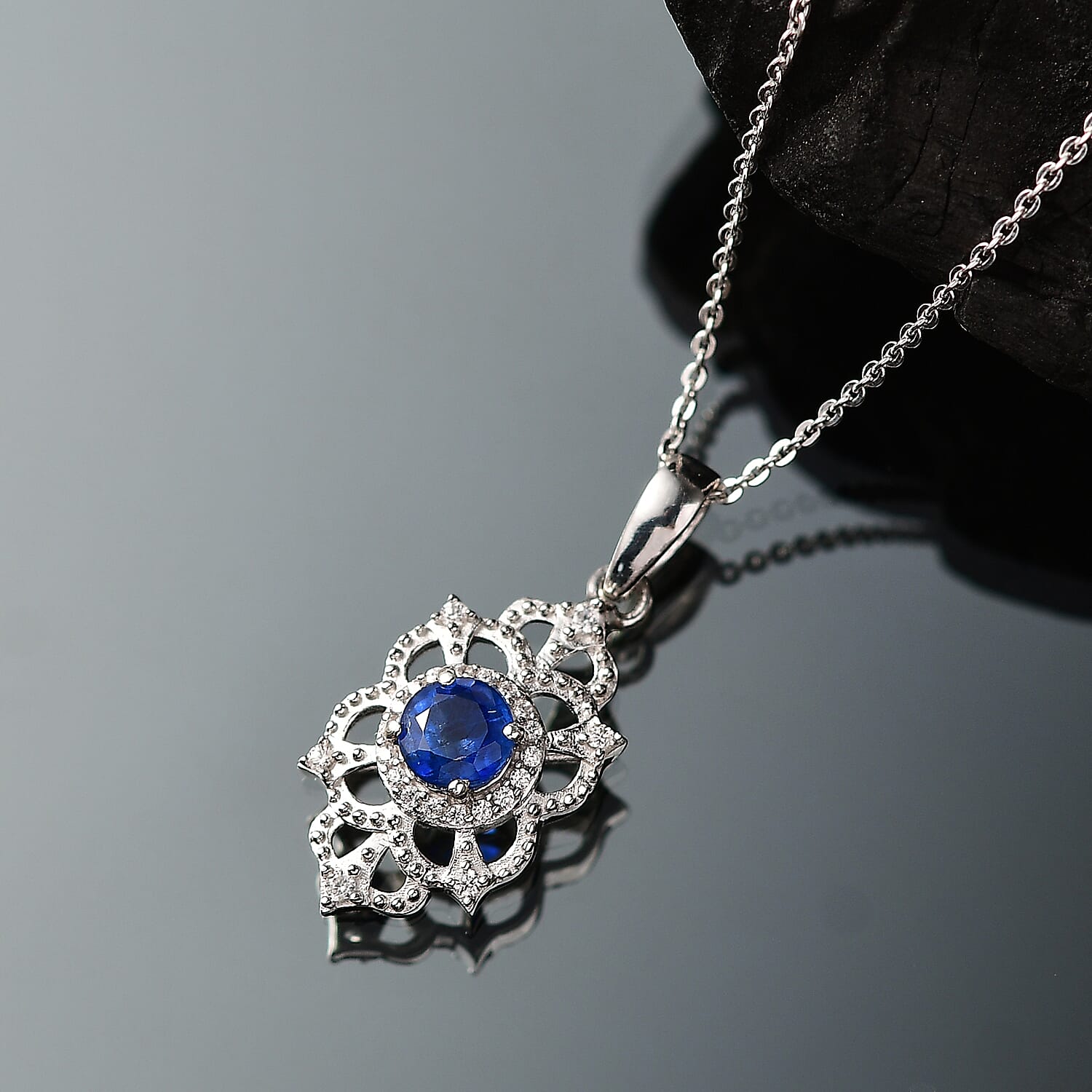AAA Natural Kashmir Kyanite & White Zircon Pendant with Chain (Size 20) in Rhodium Overlay Sterling Silver
