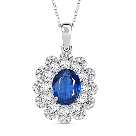 AAA Natural Kashmir Kyanite & White Zircon Pendant with Chain (Size 20) in Rhodium Overlay Sterling Silver 3.77 Ct.