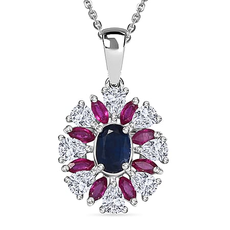 Kyanite, Moissanite & African Ruby Pendant with Chain (Size 20) in Rhodium Overlay Sterling Silver 3.20 Ct. Kyanite, Moissanite & African Ruby Pendant with Chain (Size 20) in Rhodium Overlay Sterling Silver 3.20 Ct.