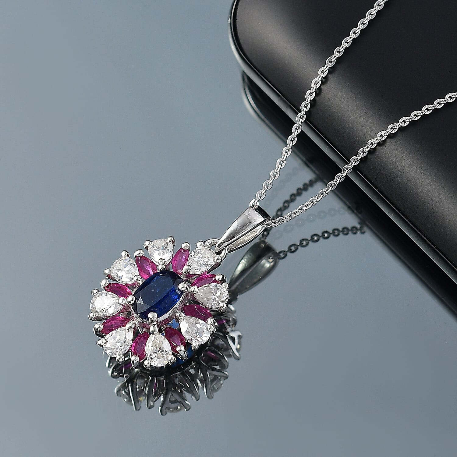 Kyanite, Moissanite & African Ruby Pendant with Chain (Size 20) in Rhodium Overlay Sterling Silver 3.20 Ct.